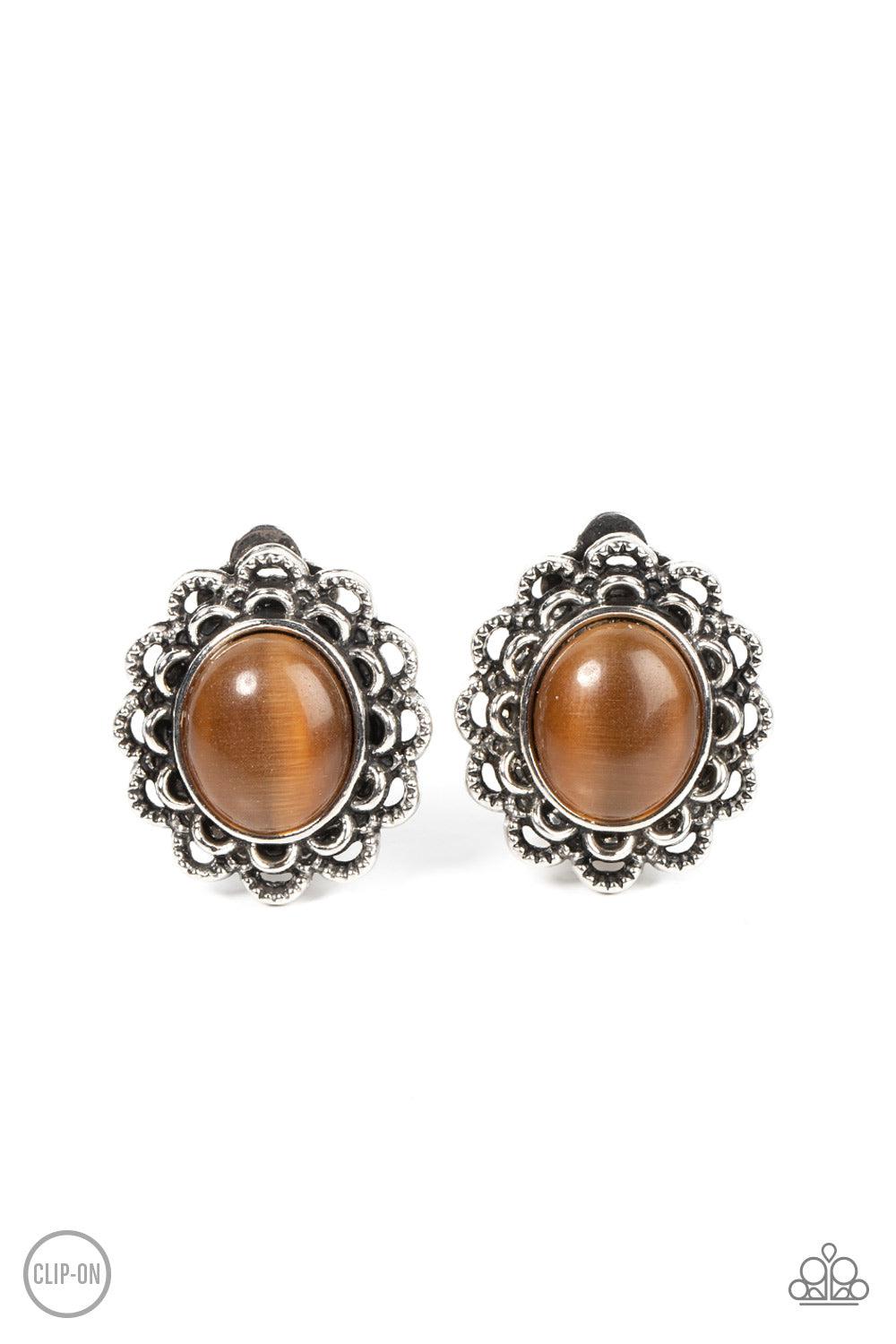 Garden Gazebo Brown Cat's Eye Stone Clip-on Earrings - Paparazzi Accessories- lightbox - CarasShop.com - $5 Jewelry by Cara Jewels
