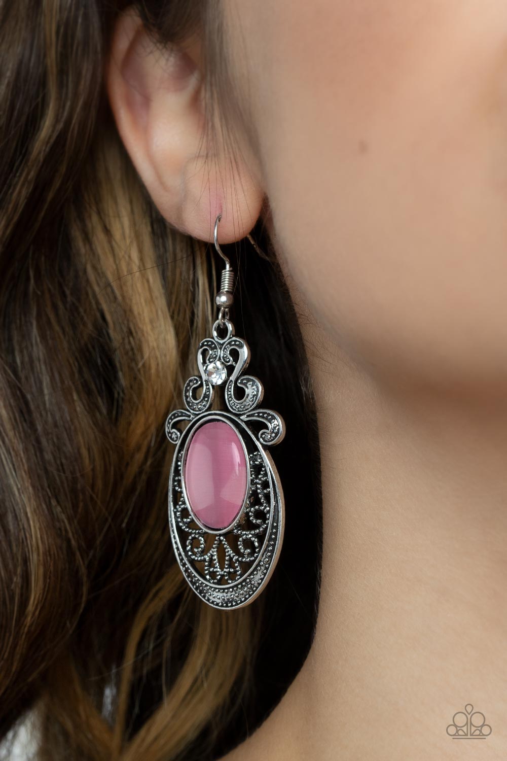 Garden Gondola Ride Pink Cat&#39;s Eye Stone Earrings - Paparazzi Accessories-on model - CarasShop.com - $5 Jewelry by Cara Jewels