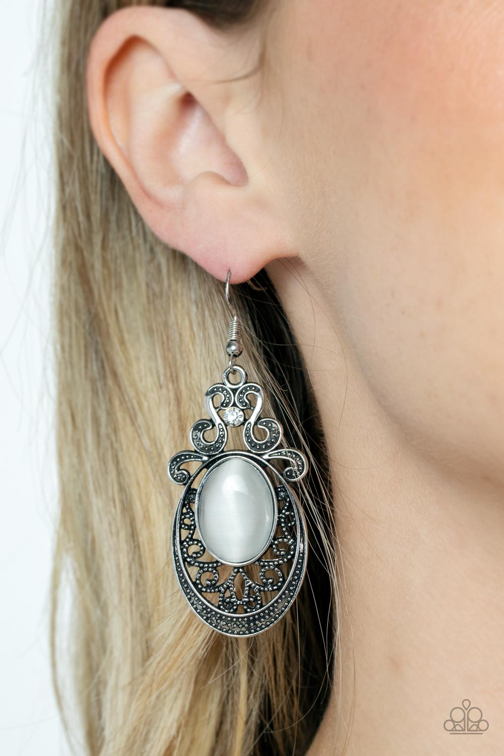 Garden Gondola Ride White Cat&#39;s Eye Stone Earrings - Paparazzi Accessories-on model - CarasShop.com - $5 Jewelry by Cara Jewels