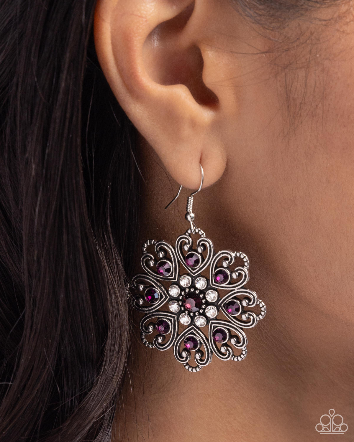 Garden of Love Purple Rhinestone Earrings - Paparazzi Accessories-on model - CarasShop.com - $5 Jewelry by Cara Jewels