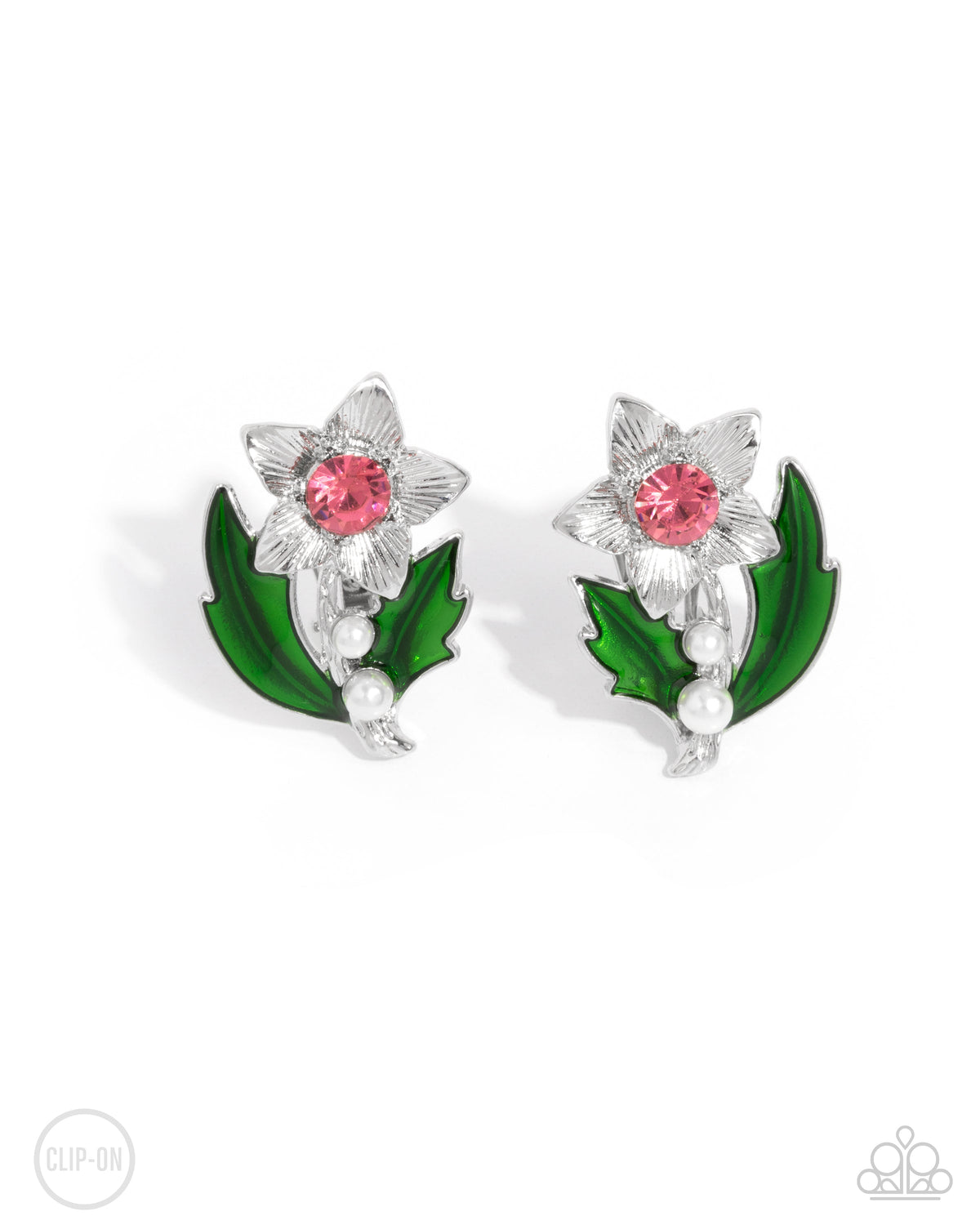 Gardening Guest Pink &amp; Green Floral Clip-on Earrings - Paparazzi Accessories- lightbox - CarasShop.com - $5 Jewelry by Cara Jewels