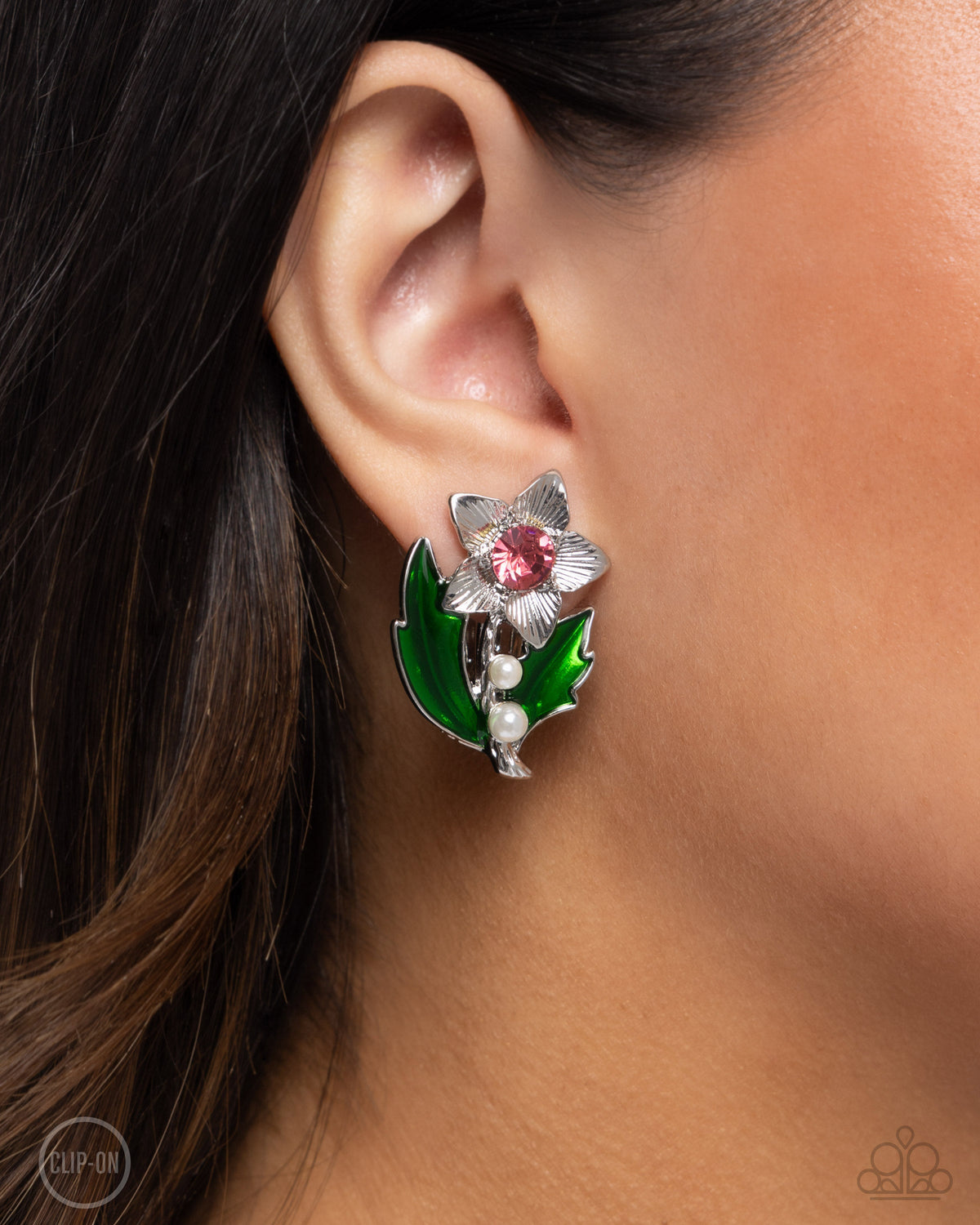 Gardening Guest Pink &amp; Green Floral Clip-on Earrings - Paparazzi Accessories-on model - CarasShop.com - $5 Jewelry by Cara Jewels