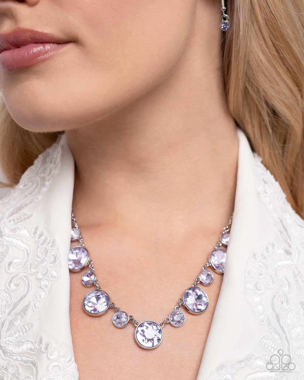 Genteel Gallery Purple Rhinestone Necklace - Paparazzi Accessories-on model - CarasShop.com - $5 Jewelry by Cara Jewels