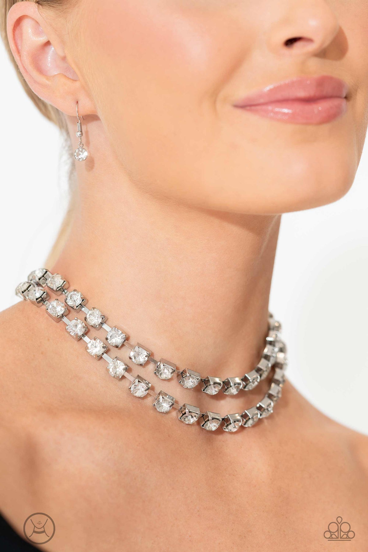 Glistening Gallery White Rhinestone Choker Necklace - Paparazzi Accessories-on model - CarasShop.com - $5 Jewelry by Cara Jewels