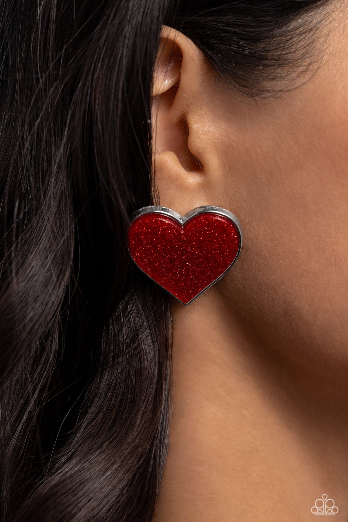 Glitter Gamble Red Heart Earrings - Paparazzi Accessories-on model - CarasShop.com - $5 Jewelry by Cara Jewels