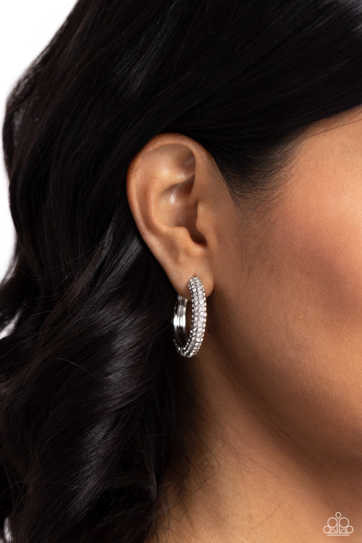 Glowing Praise White Rhinestone Hoop Earrings - Paparazzi Accessories-on model - CarasShop.com - $5 Jewelry by Cara Jewels