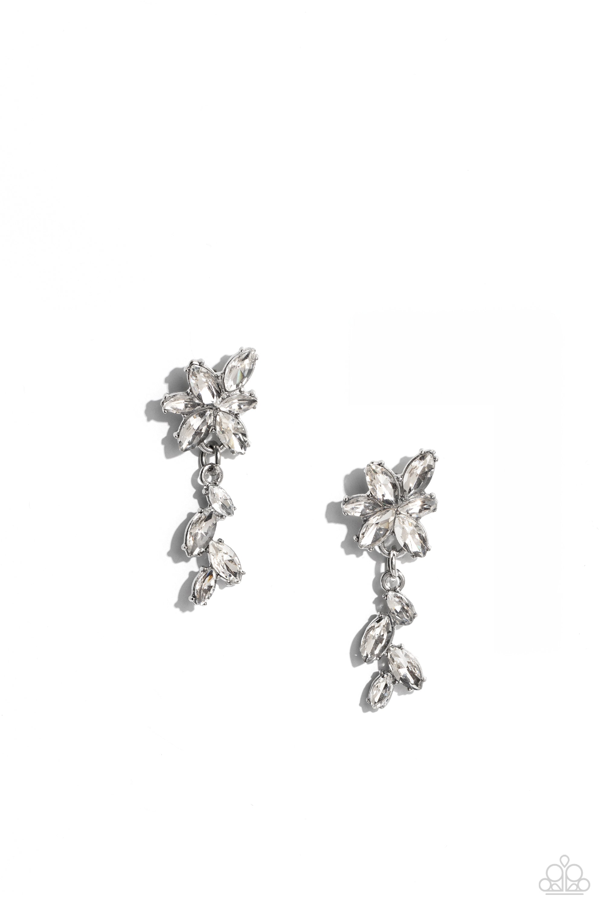 Goddess Grove White Rhinestone Earrings - Paparazzi Accessories- lightbox - CarasShop.com - $5 Jewelry by Cara Jewels