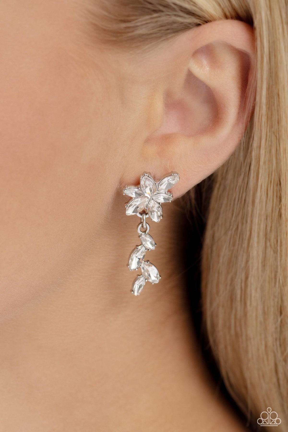 Goddess Grove White Rhinestone Earrings - Paparazzi Accessories-on model - CarasShop.com - $5 Jewelry by Cara Jewels