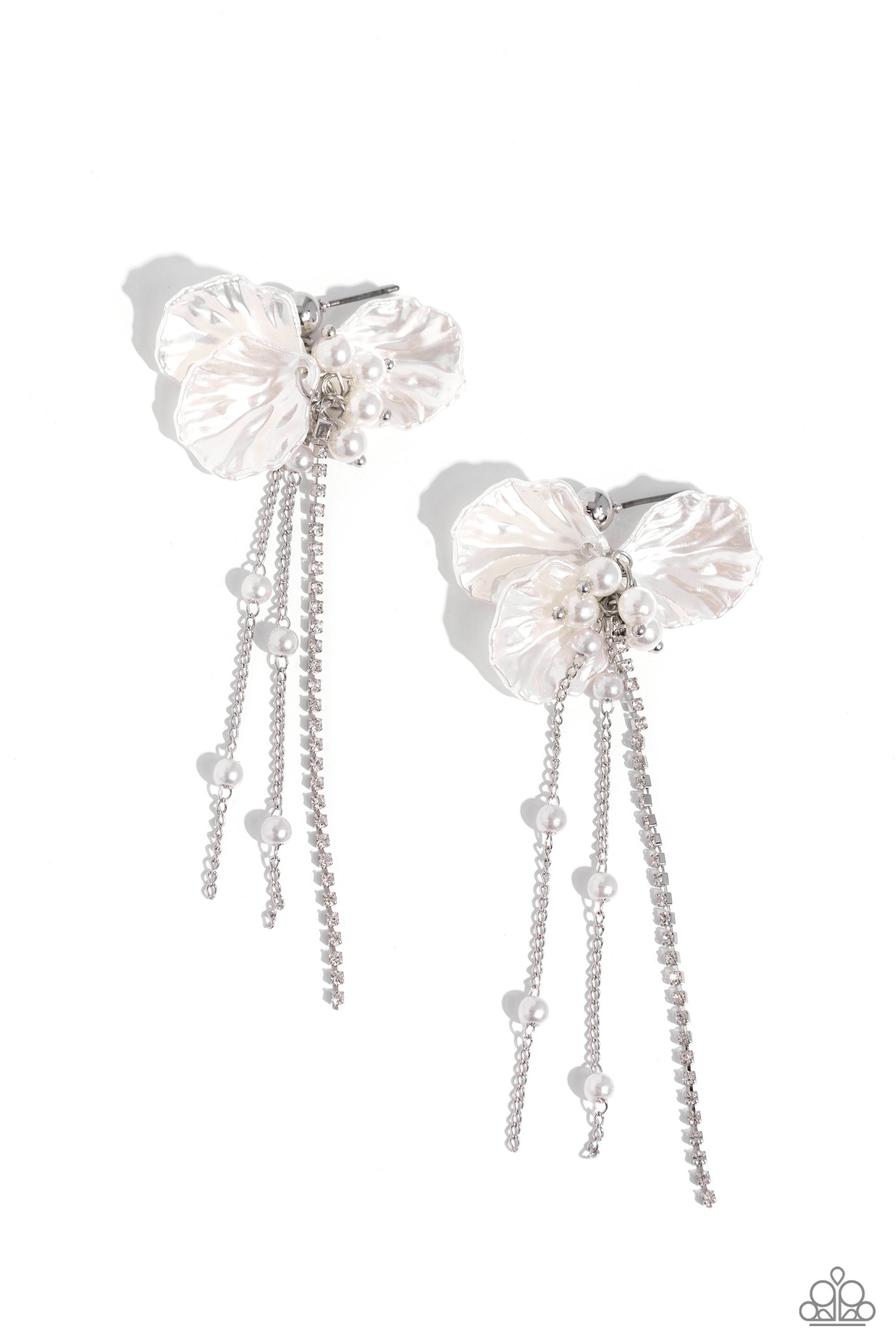 Graceful Gesture White Petal, Rhinestone and Pearl Earrings - Paparazzi Accessories- lightbox - CarasShop.com - $5 Jewelry by Cara Jewels