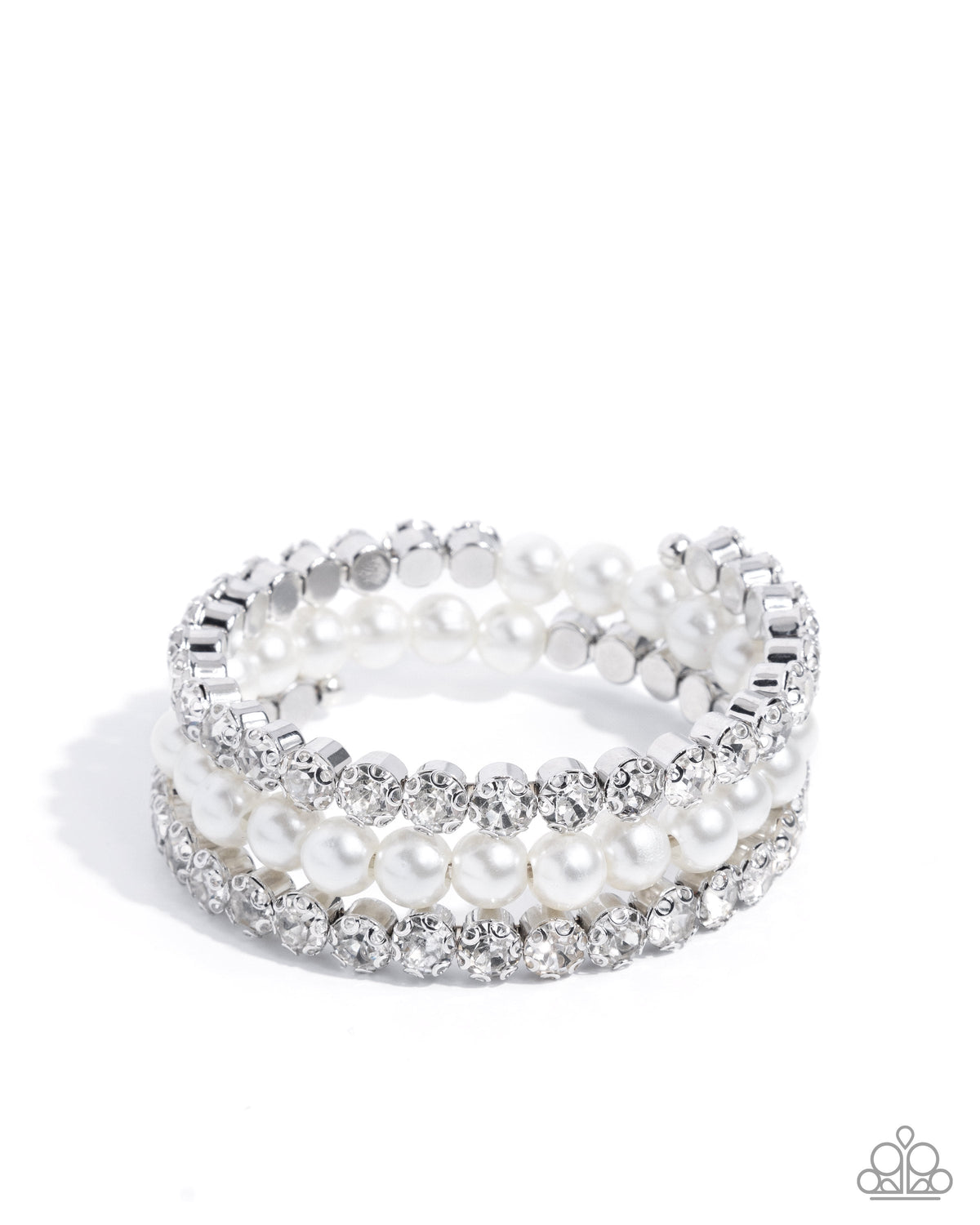 Grandiose Glitz White Rhinestone &amp; Pearl Coil Bracelet - Paparazzi Accessories- lightbox - CarasShop.com - $5 Jewelry by Cara Jewels