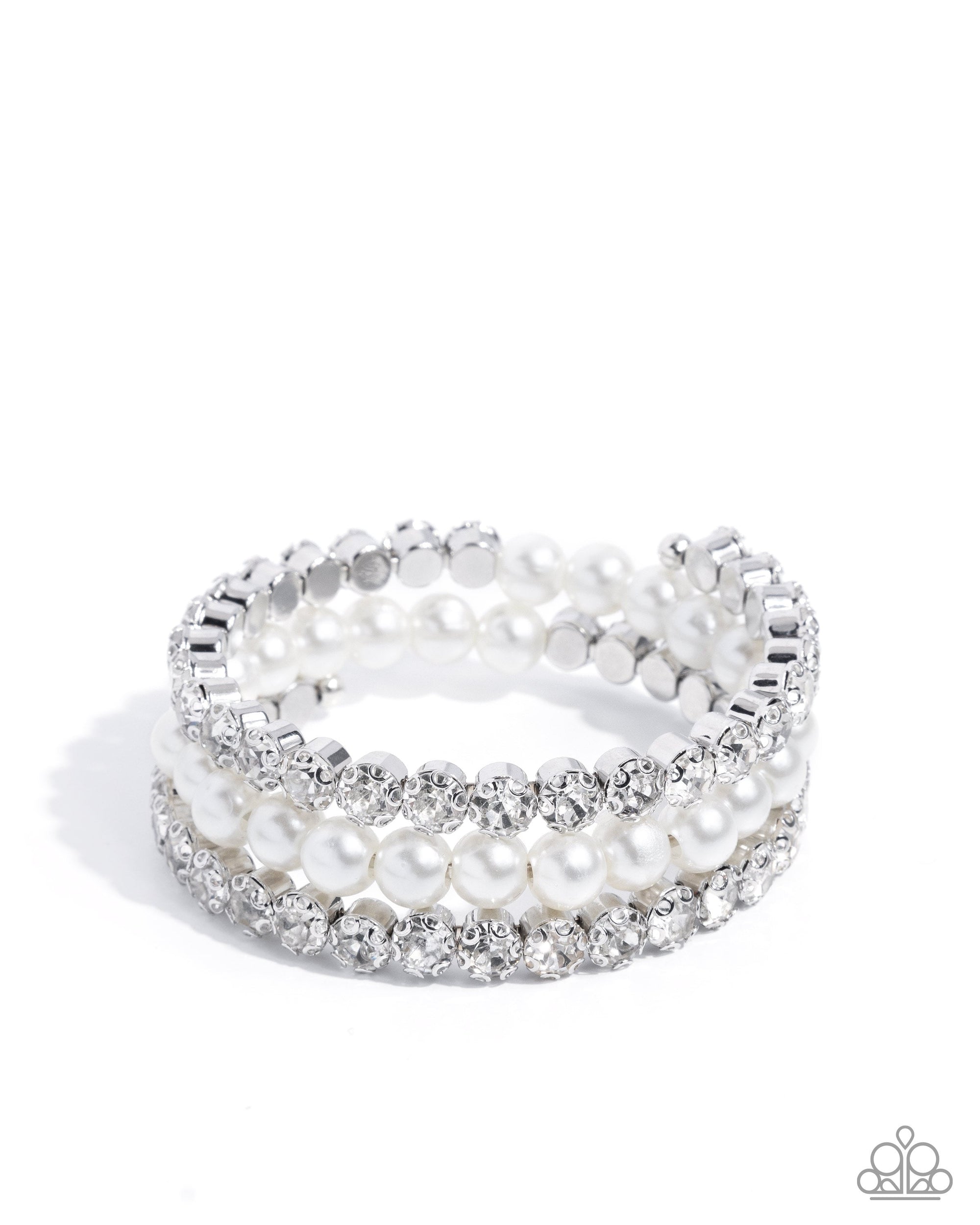 Grandiose Glitz White Rhinestone & Pearl Coil Bracelet - Paparazzi Accessories- lightbox - CarasShop.com - $5 Jewelry by Cara Jewels