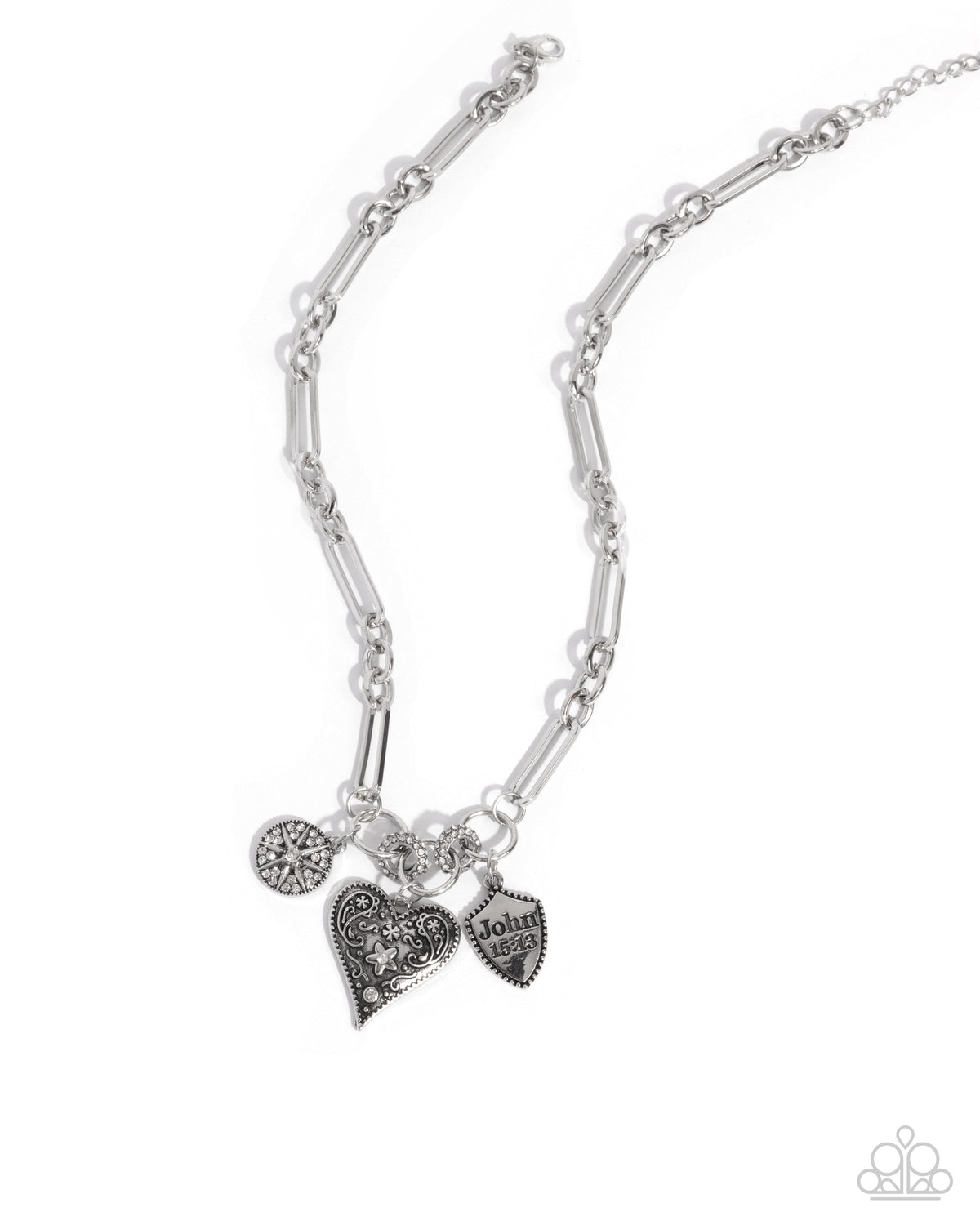 Greater Love White Rhinestone &amp; Silver Heart Necklace - Paparazzi Accessories- lightbox - CarasShop.com - $5 Jewelry by Cara Jewels