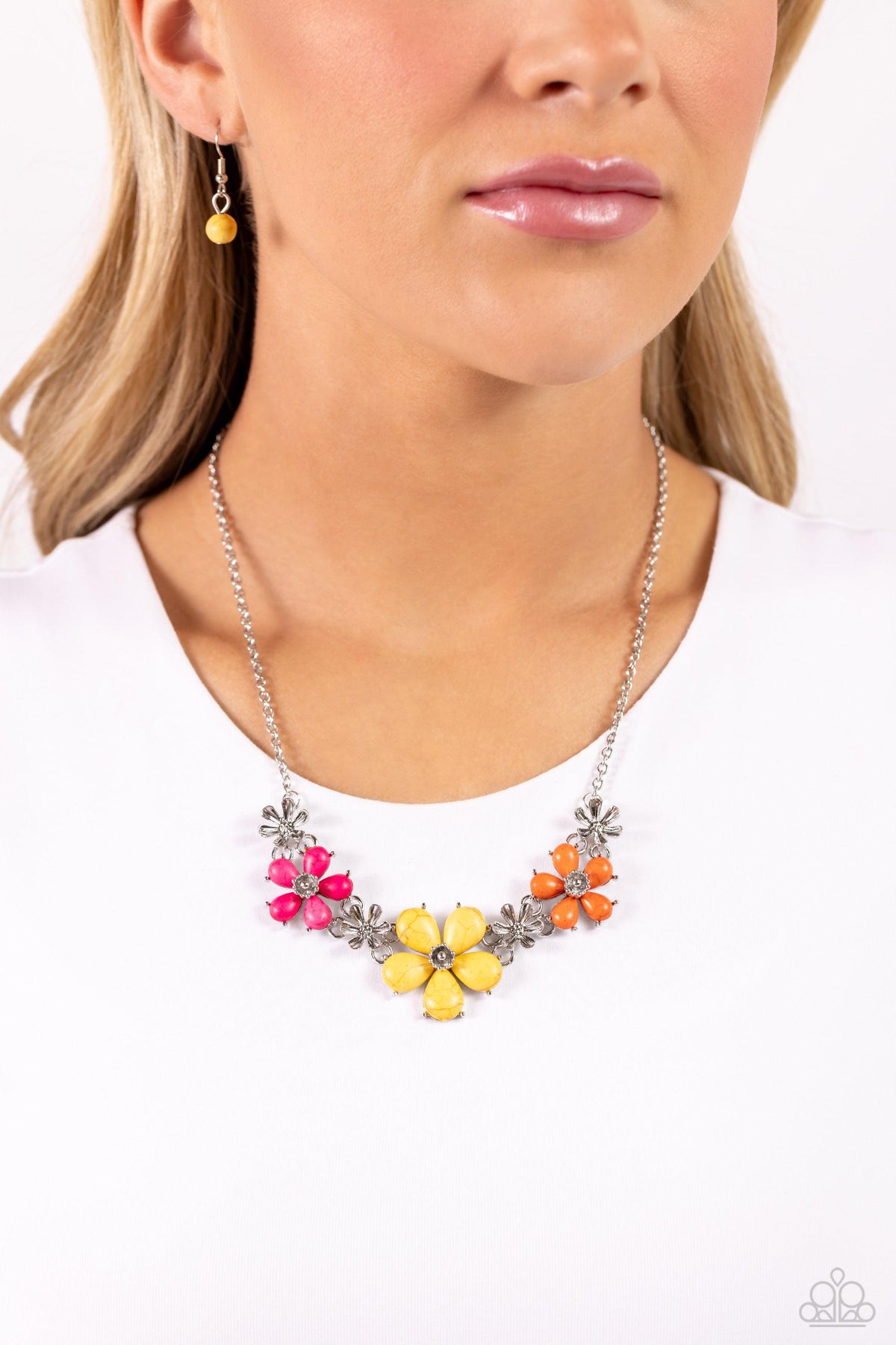 Growing Garland Yellow &amp; Multi Stone Flower Necklace - Paparazzi Accessories-on model - CarasShop.com - $5 Jewelry by Cara Jewels