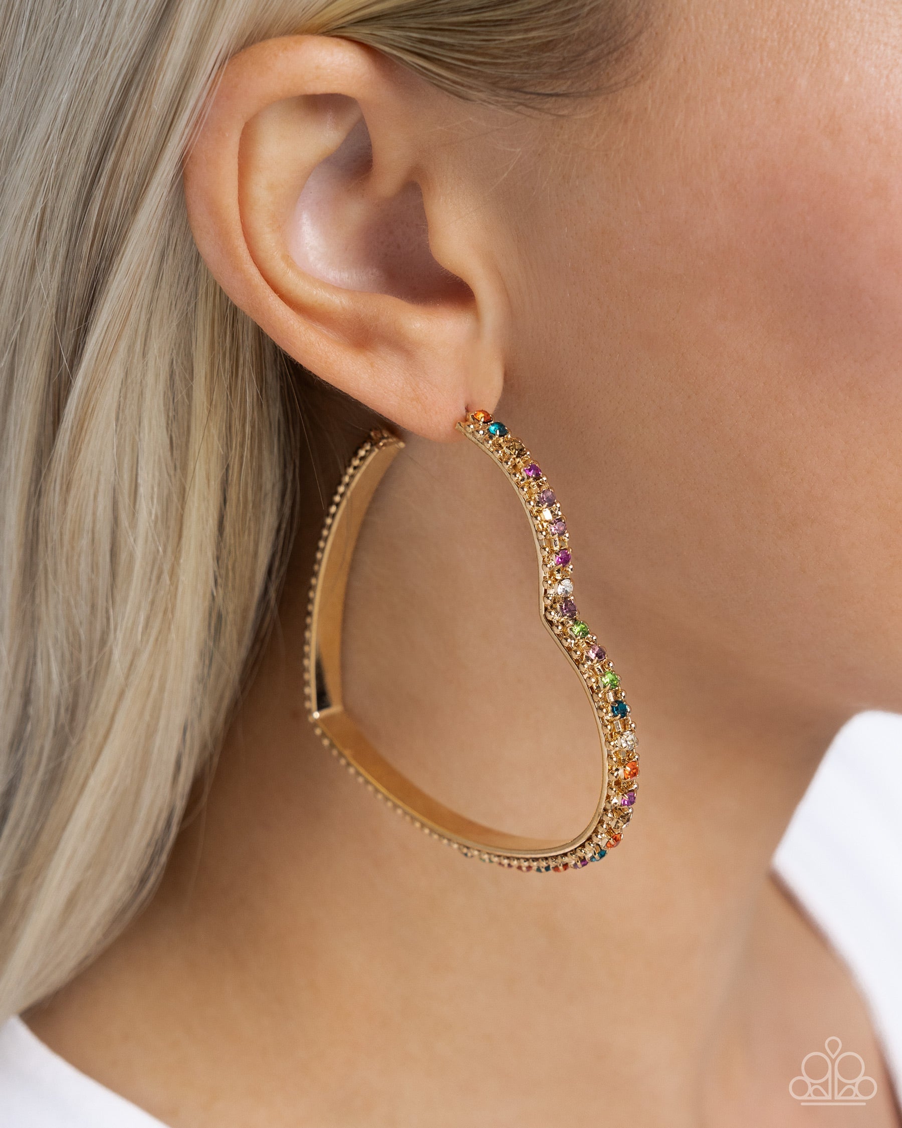 Halftime Hearts Multi & Gold Heart Hoop Earrings - Paparazzi Accessories- lightbox - CarasShop.com - $5 Jewelry by Cara Jewels