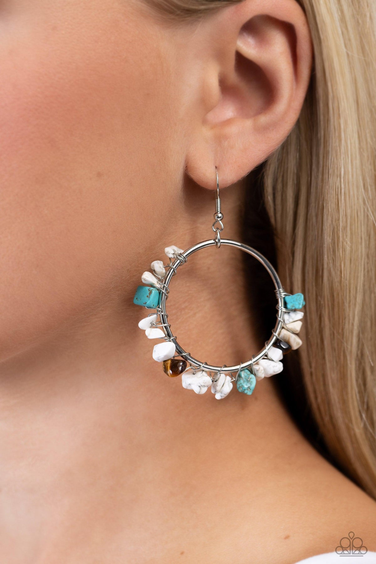 Handcrafted Habitat White, Turquoise &amp; Tiger Eye Stone Earrings - Paparazzi Accessories-on model - CarasShop.com - $5 Jewelry by Cara Jewels