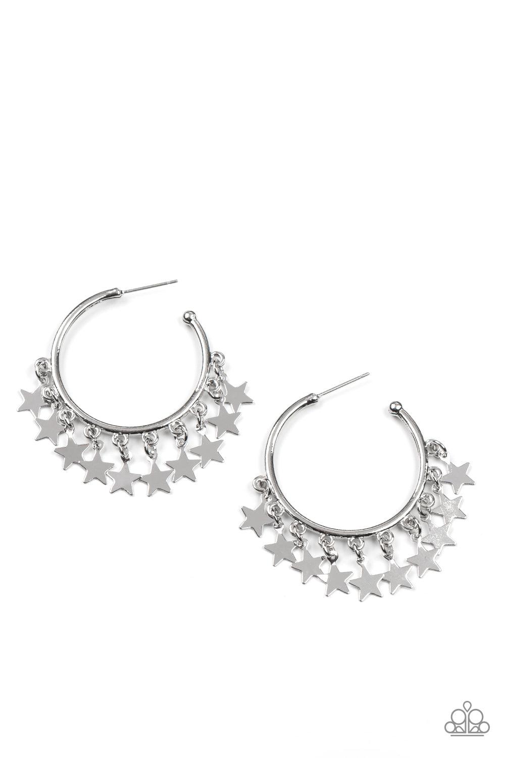 Happy Independence Day Silver Star Hoop Earrings - Paparazzi Accessories- lightbox - CarasShop.com - $5 Jewelry by Cara Jewels