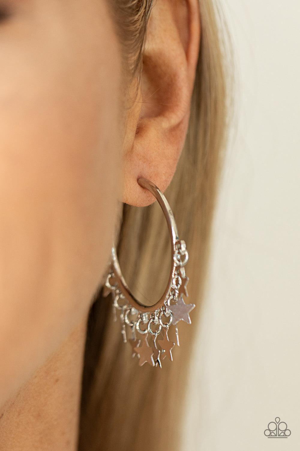 Happy Independence Day Silver Star Hoop Earrings - Paparazzi Accessories-on model - CarasShop.com - $5 Jewelry by Cara Jewels