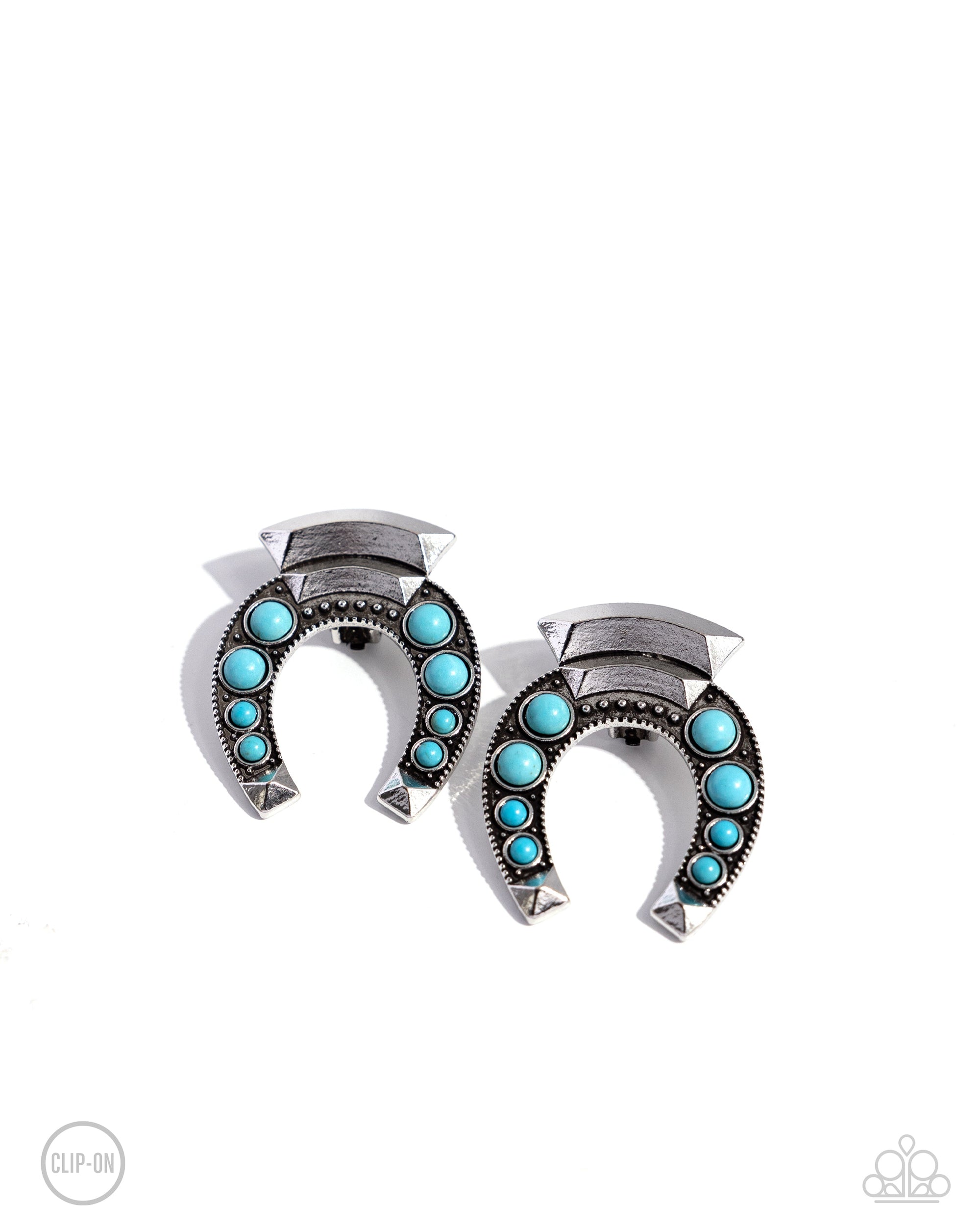 Harmonious Horseshoe Turquoise Blue Stone Clip-On Earrings - Paparazzi Accessories- lightbox - CarasShop.com - $5 Jewelry by Cara Jewels