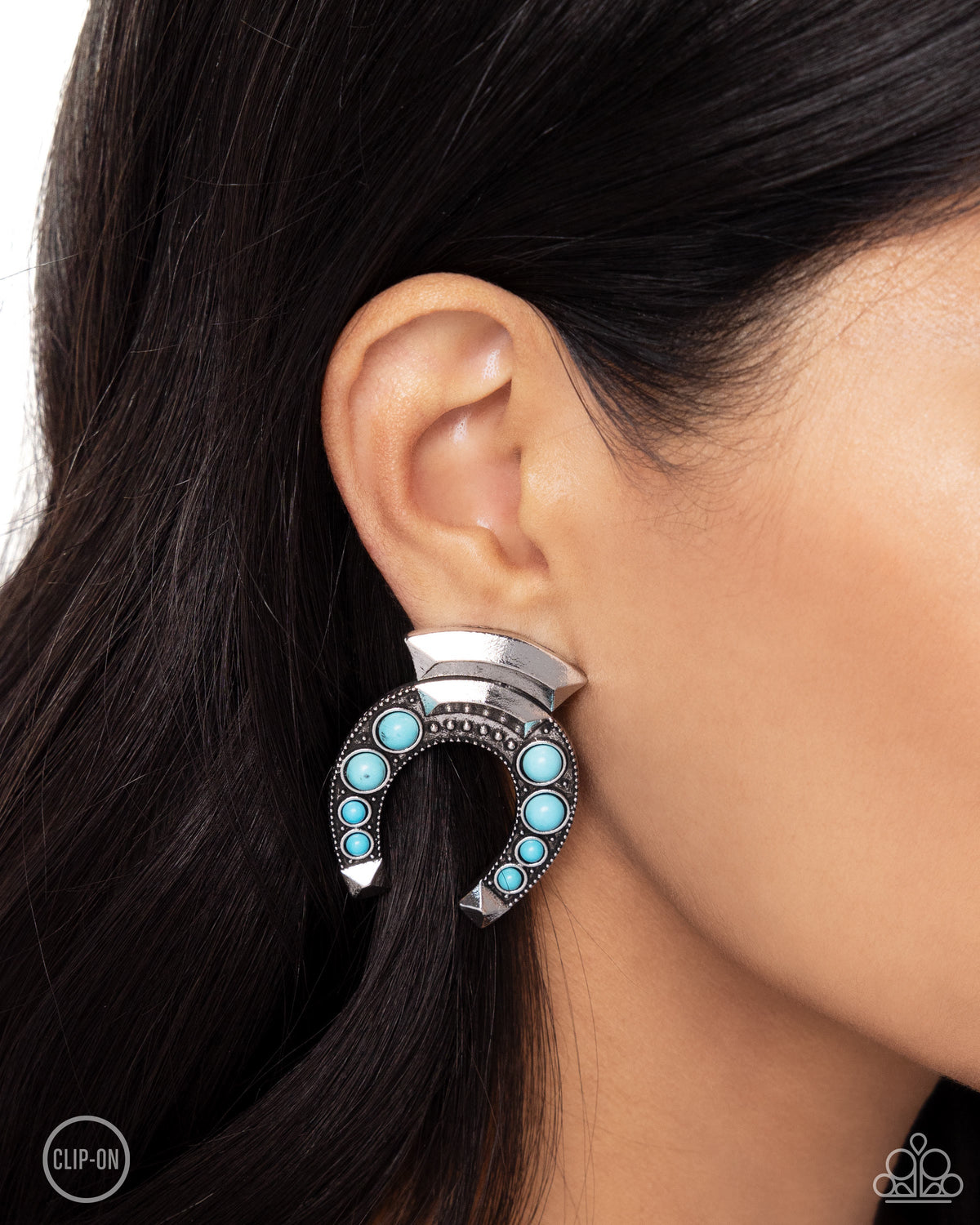 Harmonious Horseshoe Turquoise Blue Stone Clip-On Earrings - Paparazzi Accessories-on model - CarasShop.com - $5 Jewelry by Cara Jewels