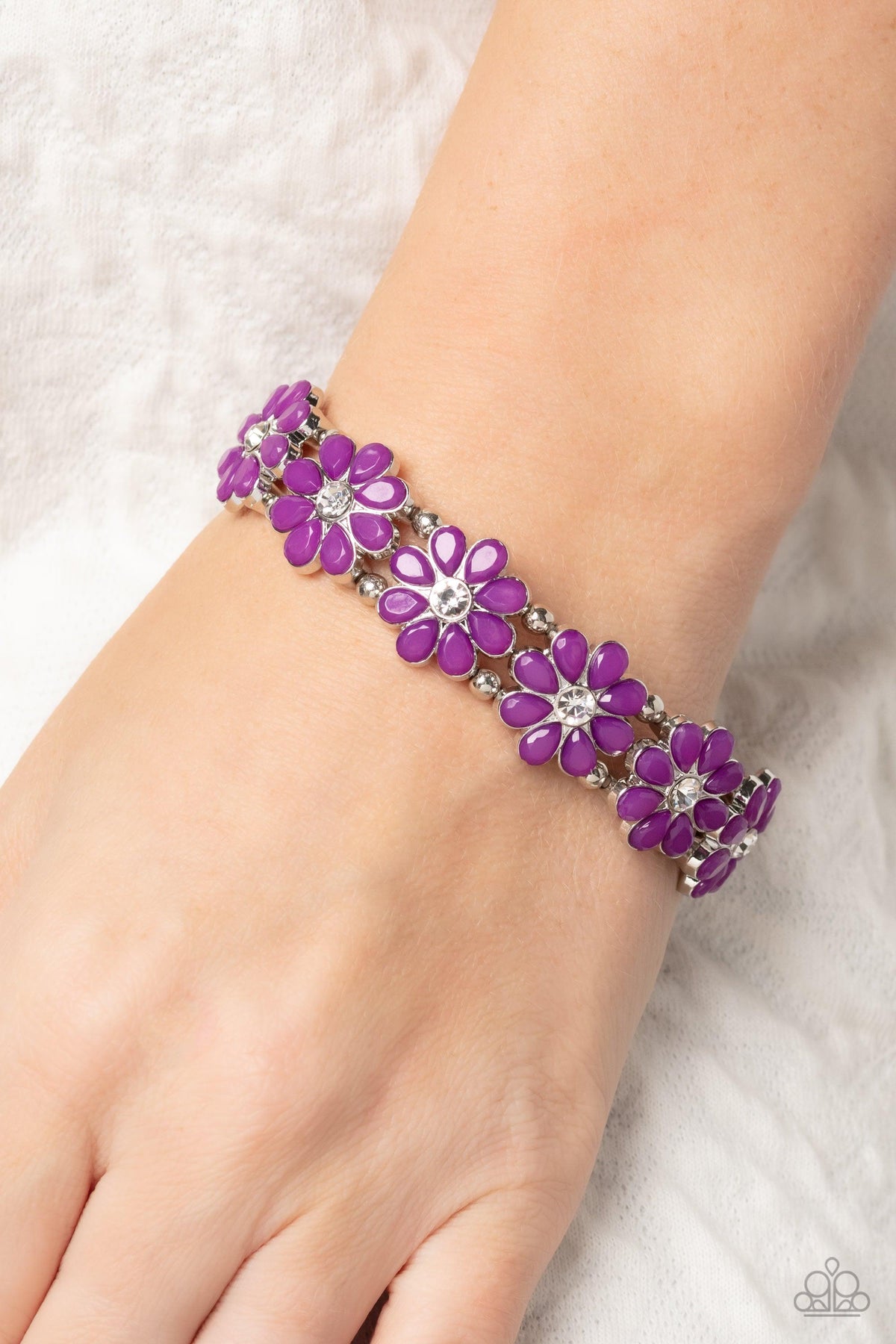 Hawaiian Holiday Purple Flower Bracelet - Paparazzi Accessories-on model - CarasShop.com - $5 Jewelry by Cara Jewels