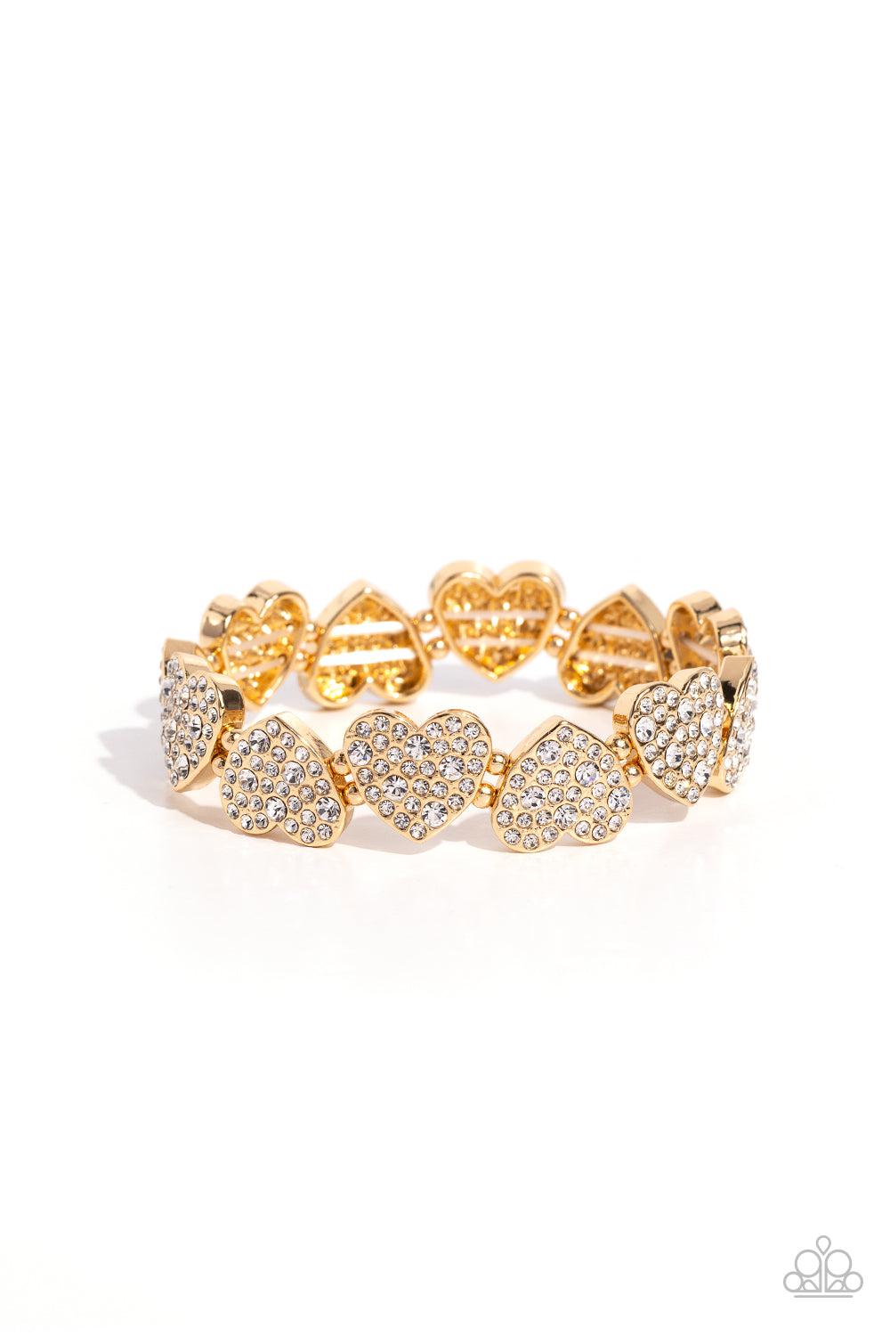 Headliner Heart Gold & White Rhinestone Bracelet - Paparazzi Accessories- lightbox - CarasShop.com - $5 Jewelry by Cara Jewels