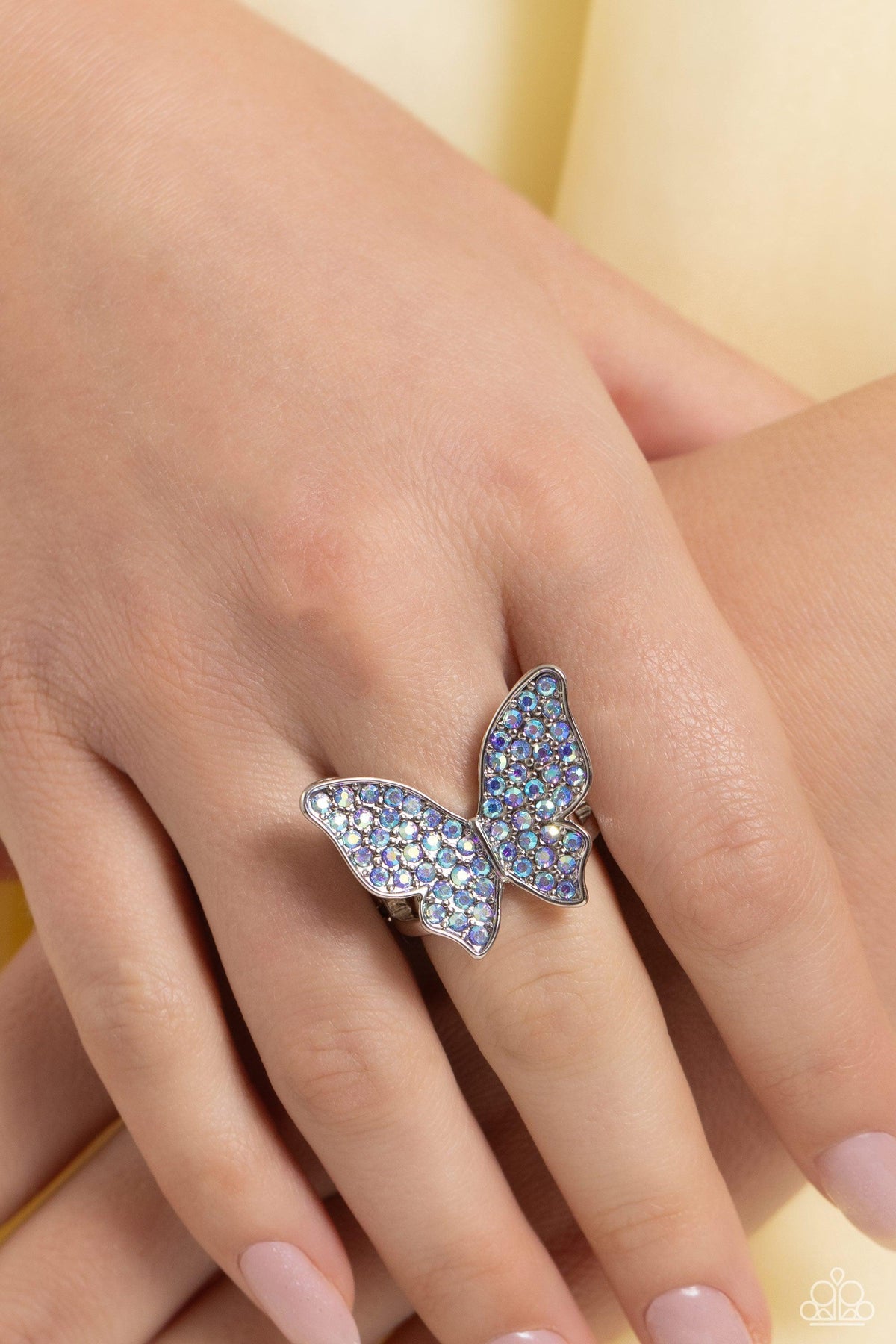 High Time Blue Rhinestone Butterfly Ring - Paparazzi Accessories-on model - CarasShop.com - $5 Jewelry by Cara Jewels