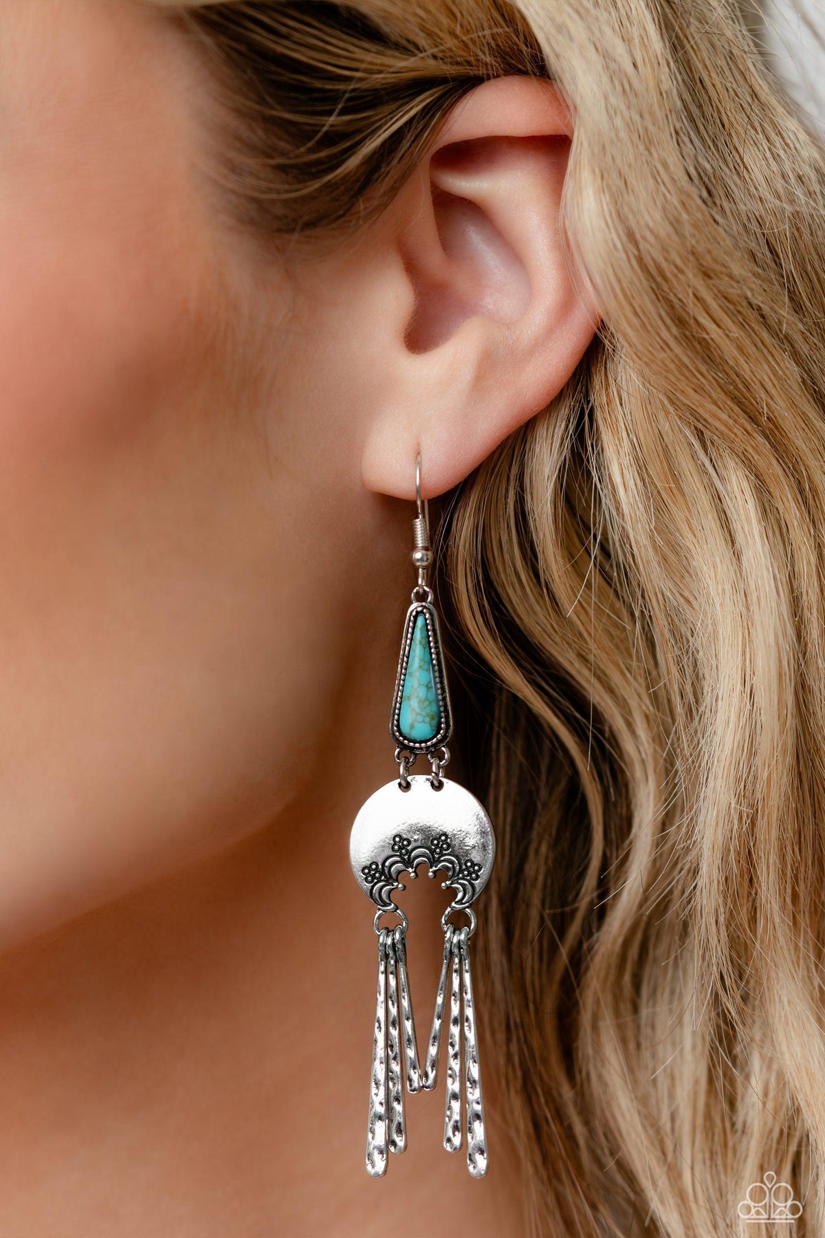 Highland Haute Turquoise Blue Stone Earrings - Paparazzi Accessories-on model - CarasShop.com - $5 Jewelry by Cara Jewels