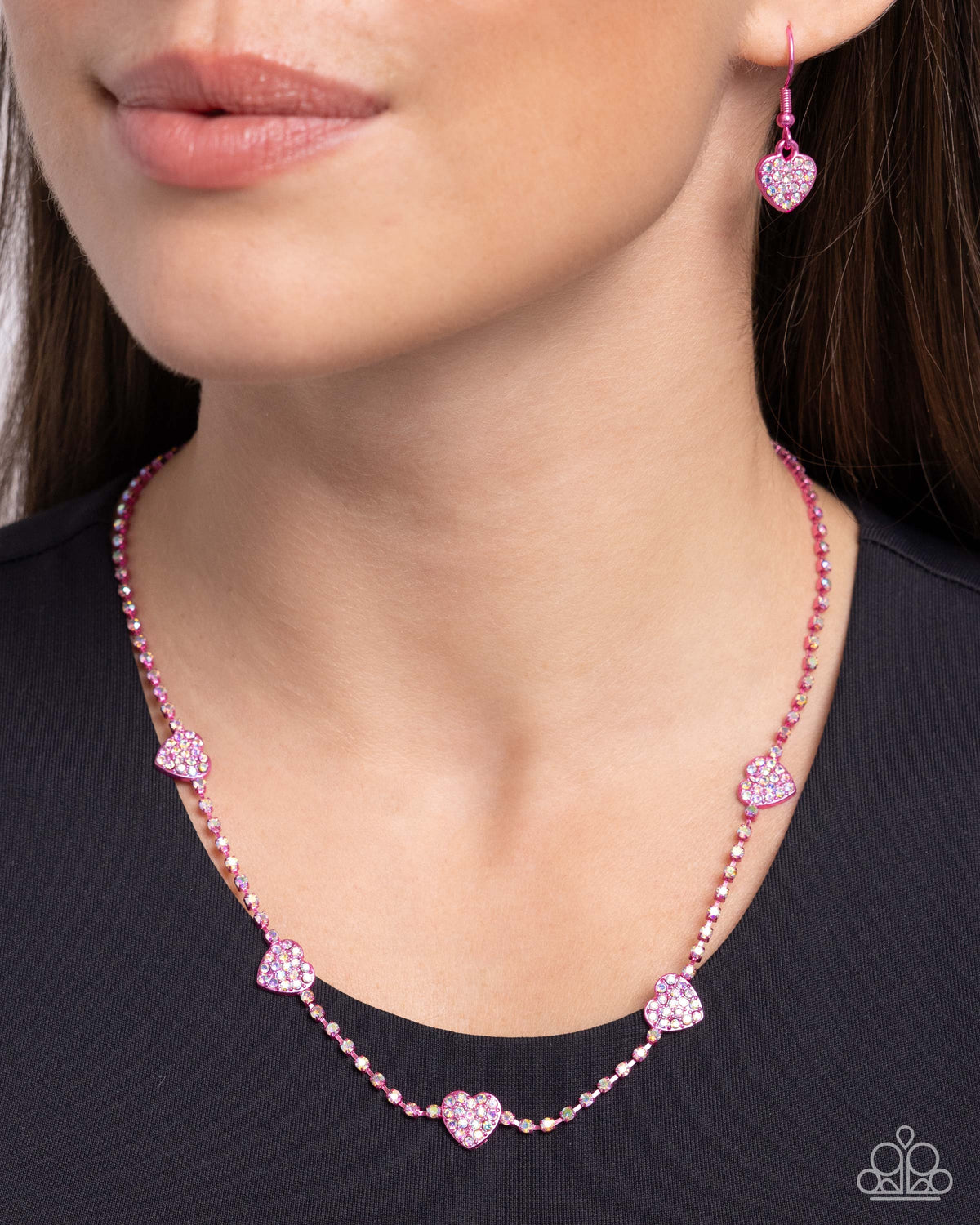 Homecoming Hearts Pink Rhinestone Heart Necklace - Paparazzi Accessories-on model - CarasShop.com - $5 Jewelry by Cara Jewels