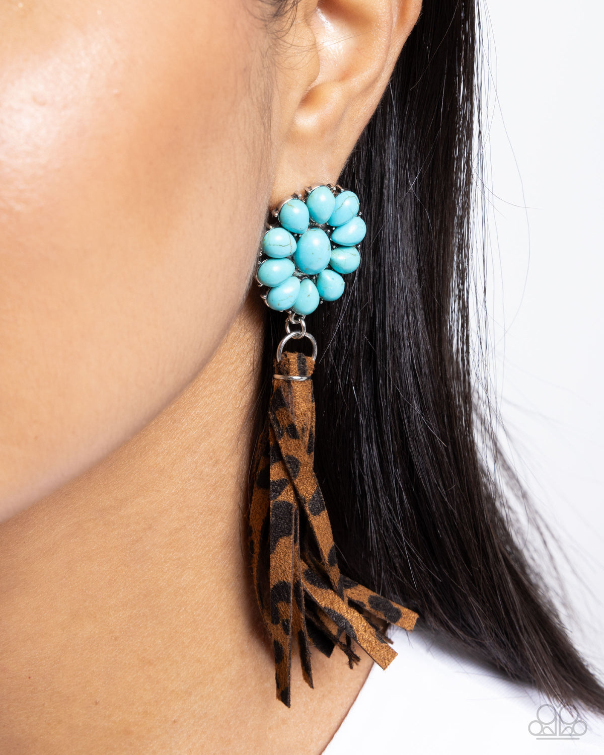 Hometown Hero Turquoise Blue Stone &amp; Leopard Tassel Earrings - Paparazzi Accessories-on model - CarasShop.com - $5 Jewelry by Cara Jewels