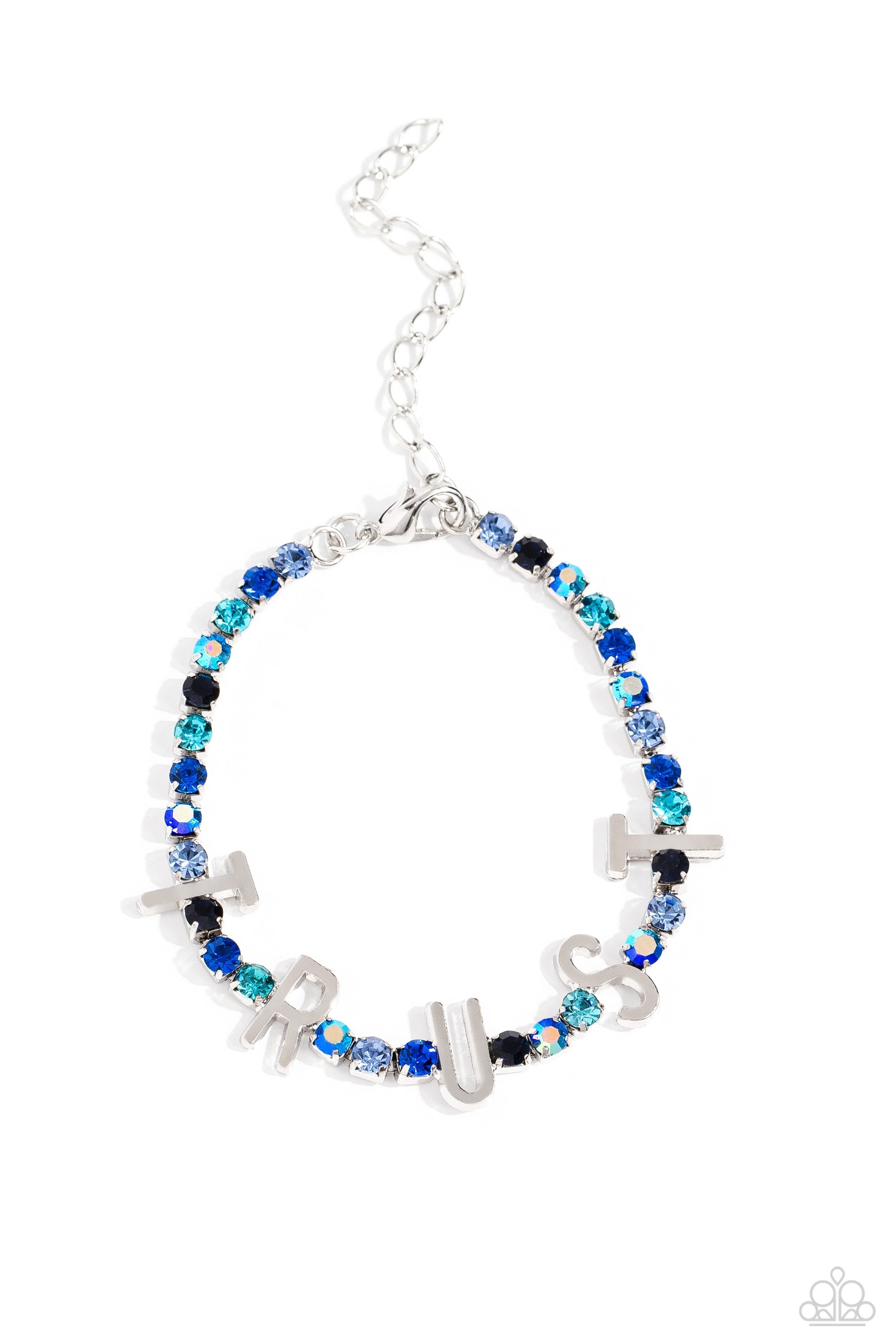 I Will Trust In You Blue Rhinestone Inspirational Bracelet - Paparazzi Accessories- lightbox - CarasShop.com - $5 Jewelry by Cara Jewels