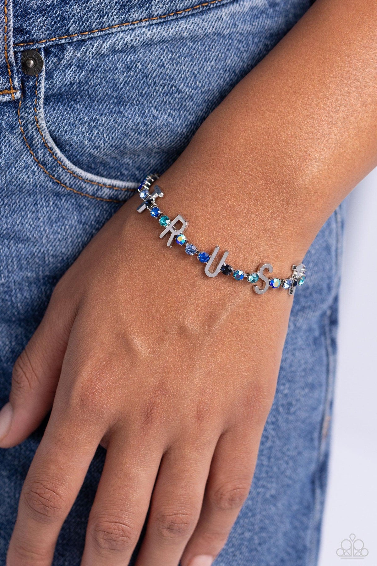 I Will Trust In You Blue Rhinestone Inspirational Bracelet - Paparazzi Accessories-on model - CarasShop.com - $5 Jewelry by Cara Jewels