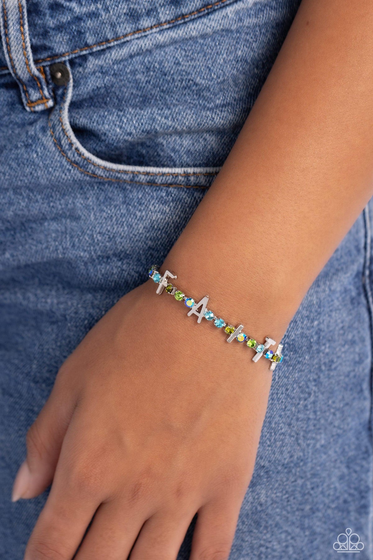 In Good Faith Multi Rhinestone Inspirational Bracelet - Paparazzi Accessories-on model - CarasShop.com - $5 Jewelry by Cara Jewels