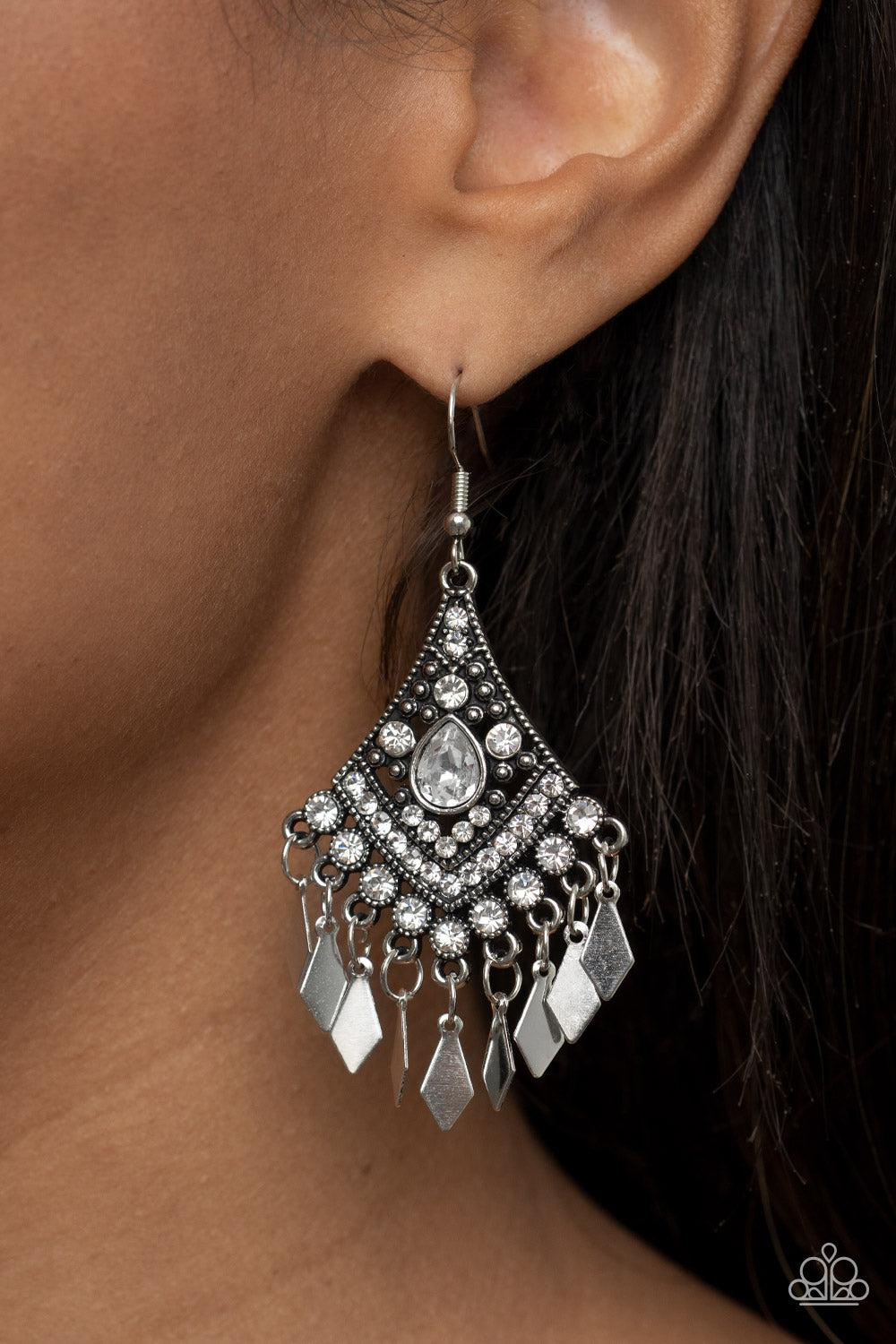 Indie Iridescence White Earrings - Paparazzi Accessories-on model - CarasShop.com - $5 Jewelry by Cara Jewels