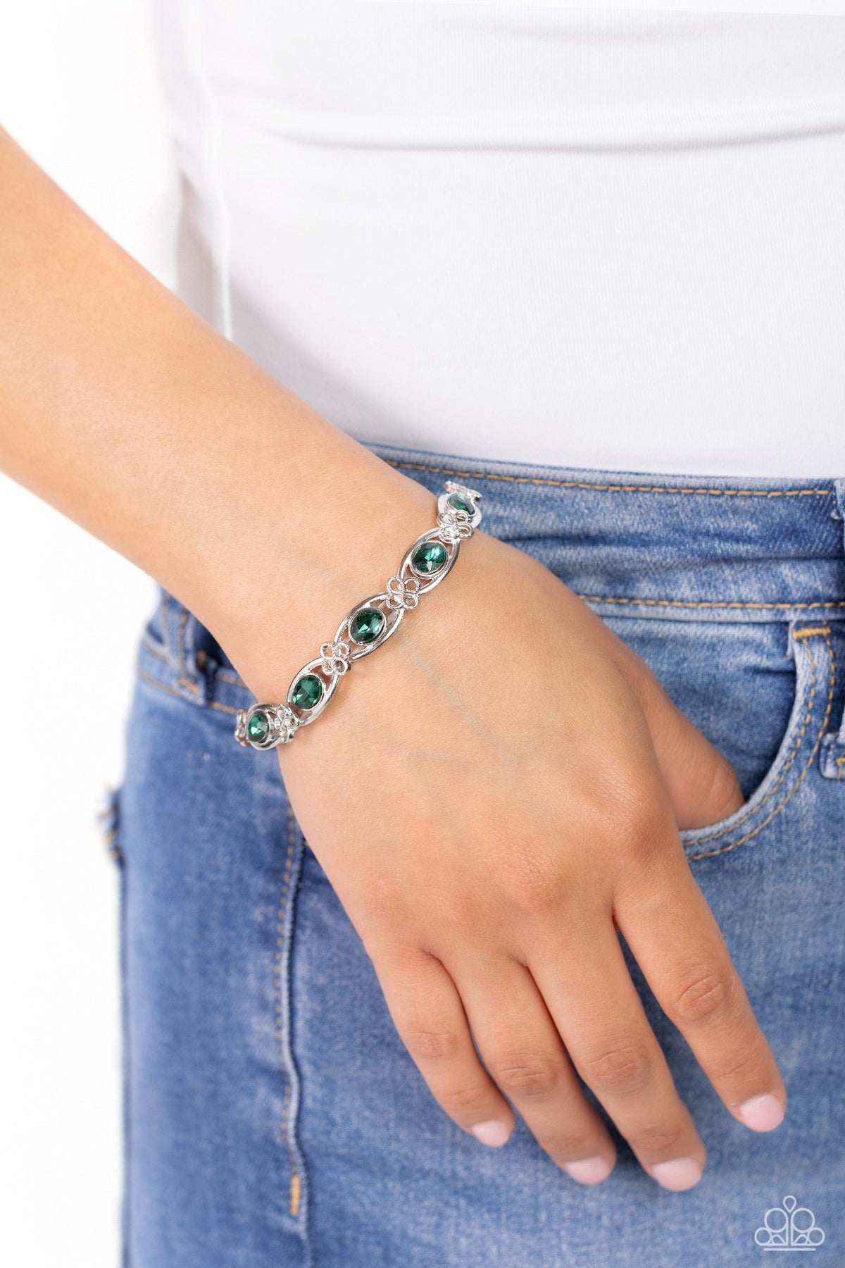 Infinite Impression Green Rhinestone Bracelet - Paparazzi Accessories-on model - CarasShop.com - $5 Jewelry by Cara Jewels