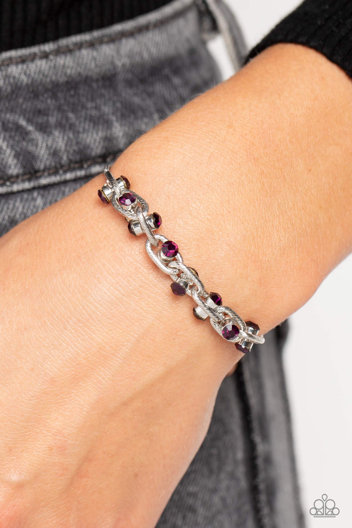 Intertwined Illusion Purple Rhinestone Slide Bracelet - Paparazzi Accessories-on model - CarasShop.com - $5 Jewelry by Cara Jewels
