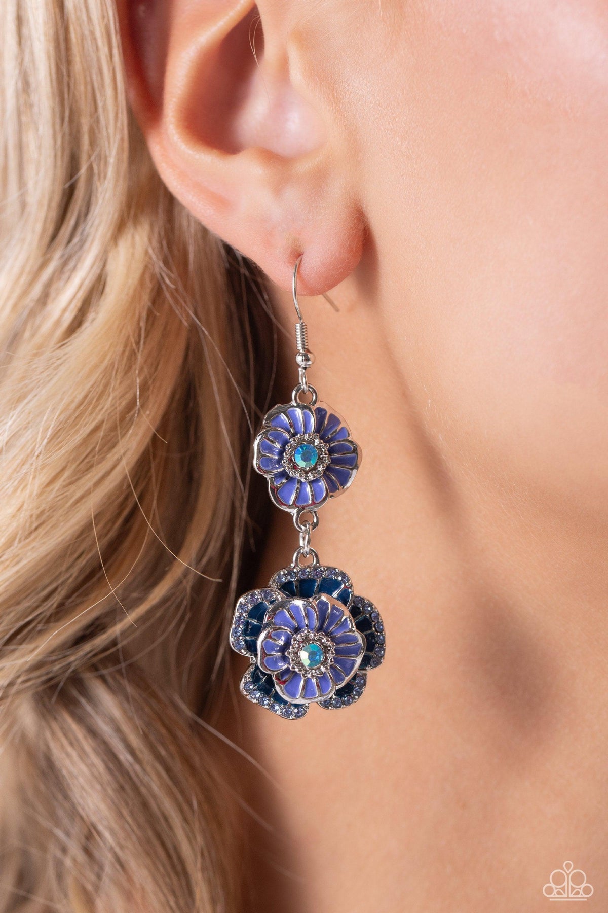 Intricate Impression Blue Rhinestone Flower Earrings - Paparazzi Accessories-on model - CarasShop.com - $5 Jewelry by Cara Jewels