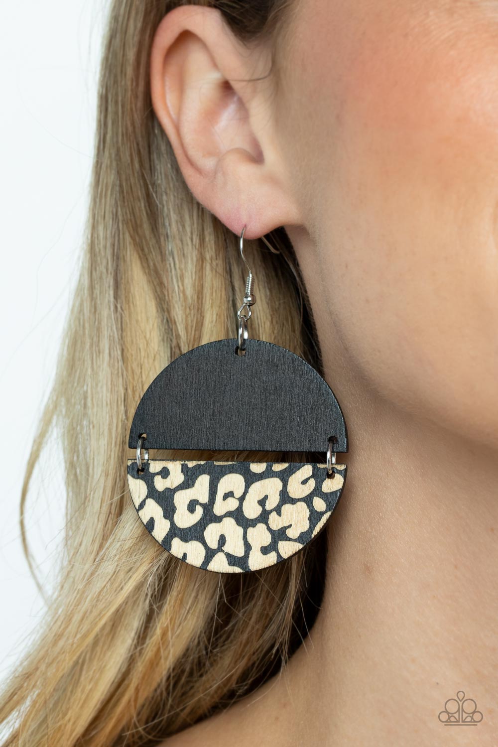 Jungle Catwalk Black Wood Cheetah Print Earrings - Paparazzi Accessories-on model - CarasShop.com - $5 Jewelry by Cara Jewels
