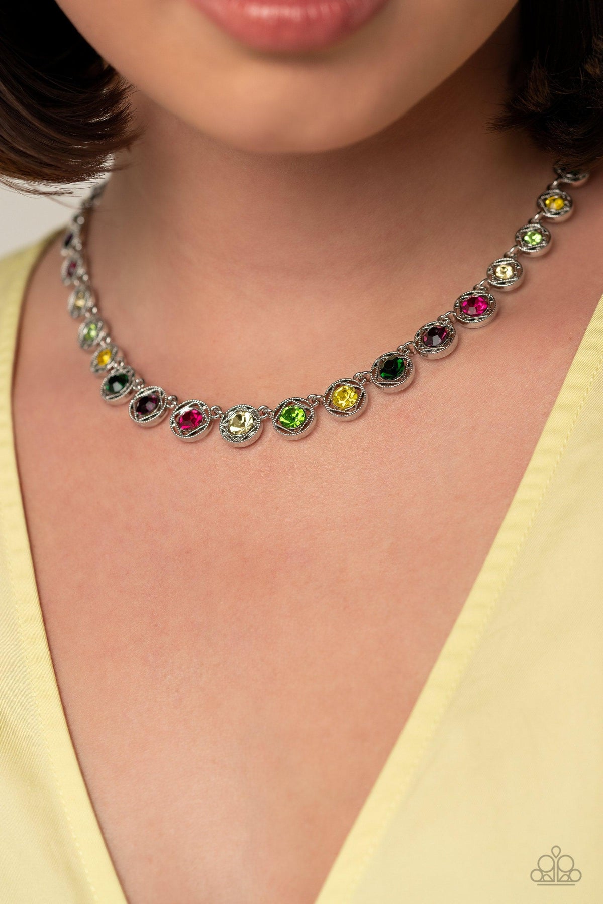 Kaleidoscope Charm Multi Rhinestone Necklace - Paparazzi Accessories-on model - CarasShop.com - $5 Jewelry by Cara Jewels