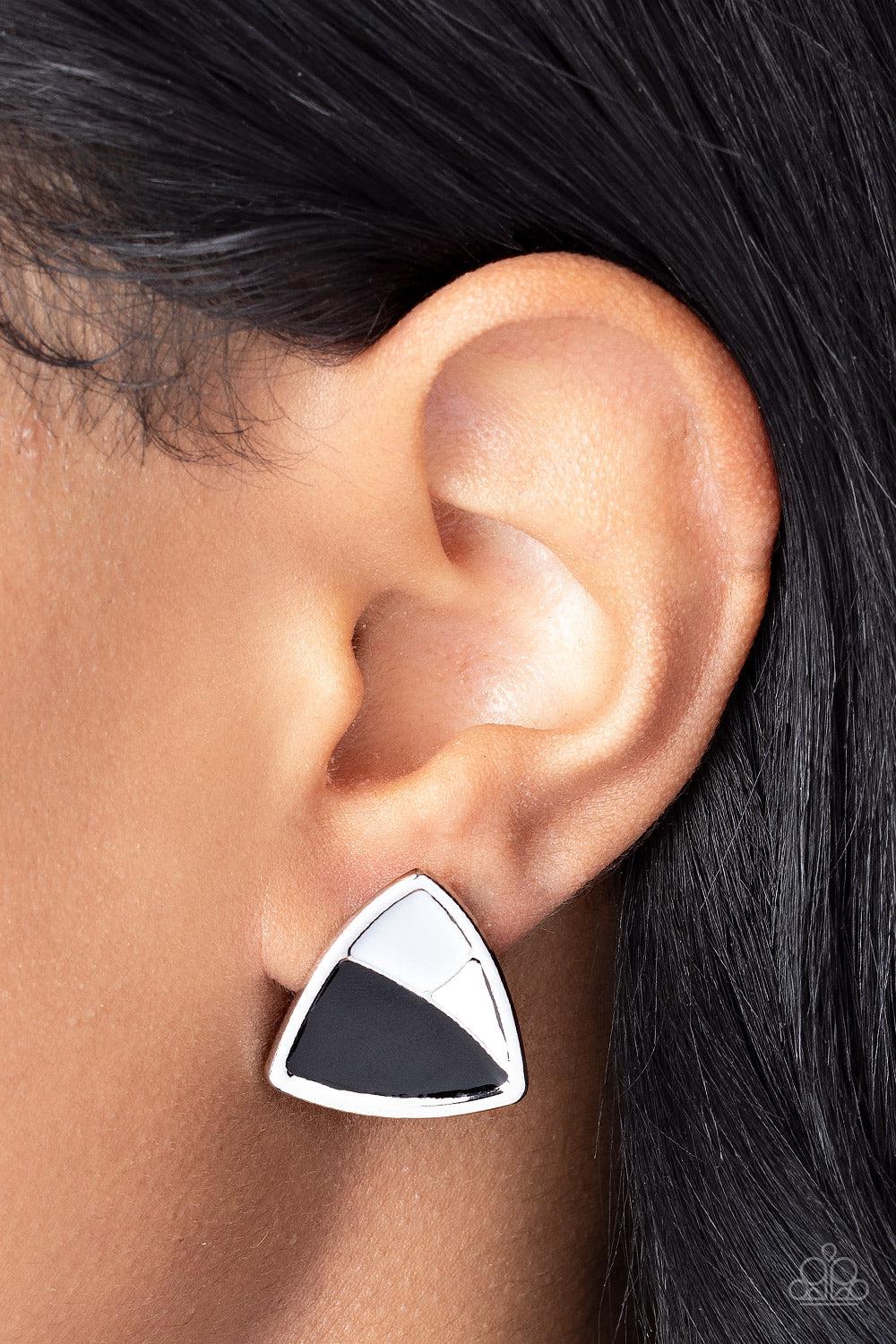 Kaleidoscopic Collision Black &amp; White Earrings - Paparazzi Accessories-on model - CarasShop.com - $5 Jewelry by Cara Jewels
