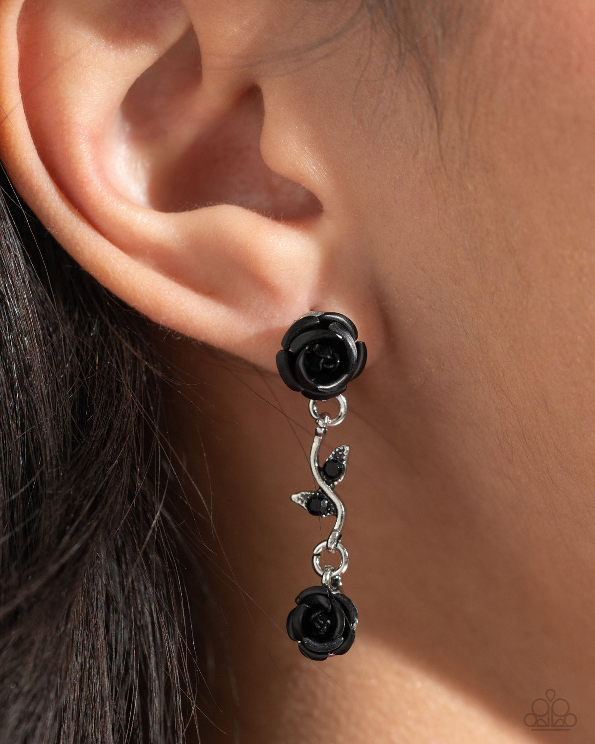 Led by the ROSE Black Floral Earrings - Paparazzi Accessories-on model - CarasShop.com - $5 Jewelry by Cara Jewels