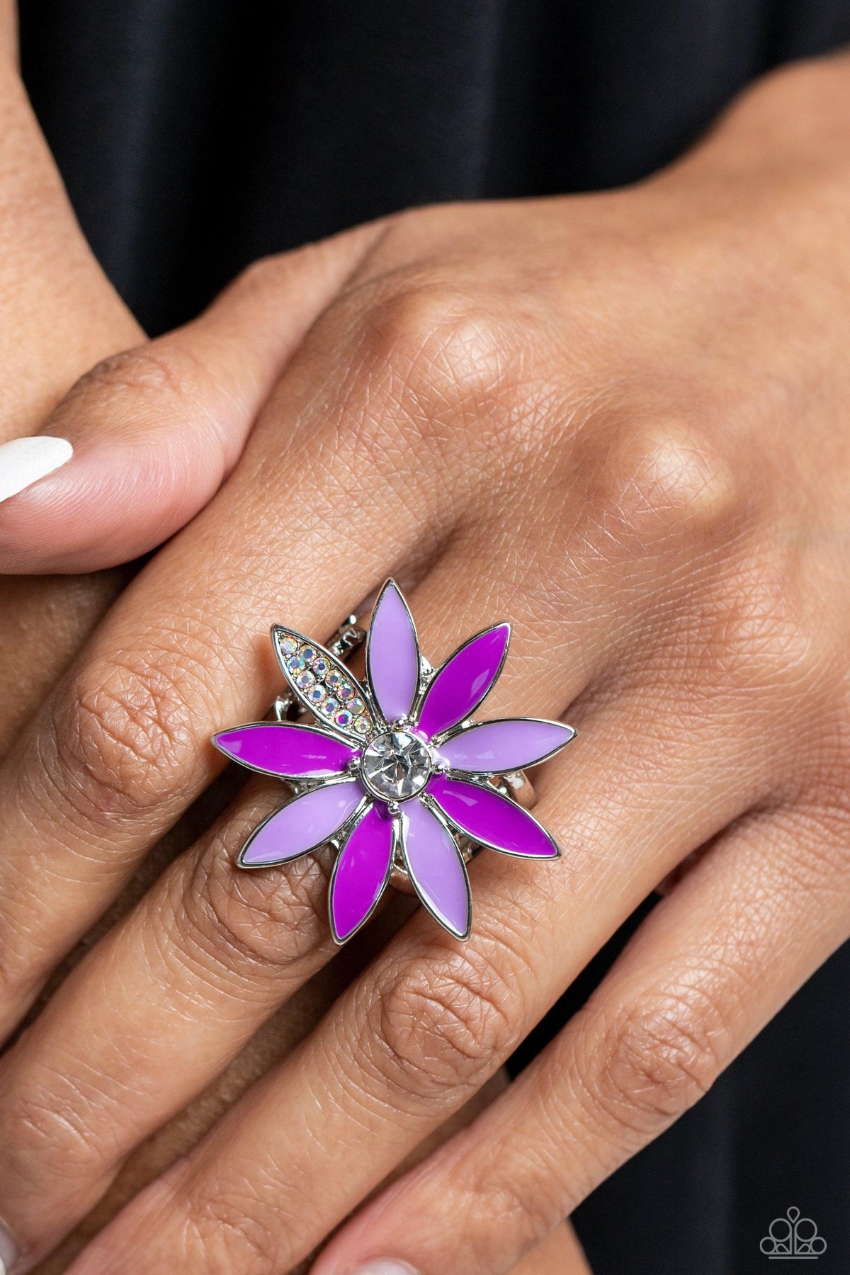 Lily Lei Purple Flower Ring - Paparazzi Accessories-on model - CarasShop.com - $5 Jewelry by Cara Jewels