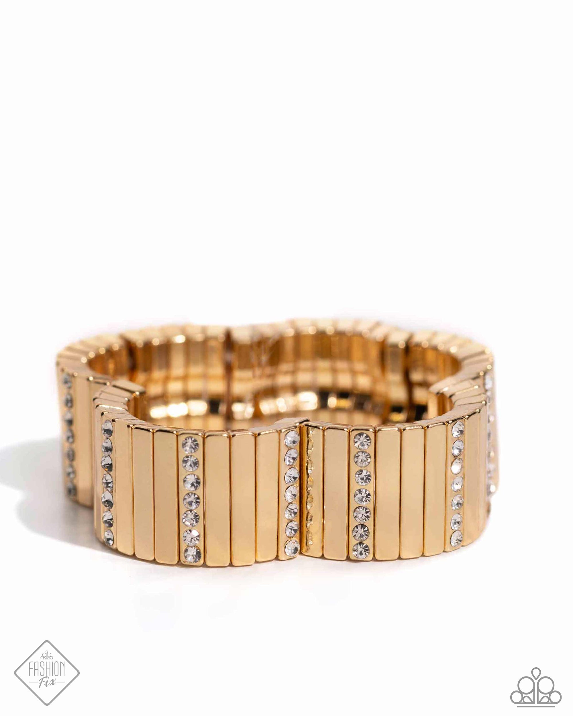 Linear Legend Gold & White Rhinestone Bracelet - Paparazzi Accessories- lightbox - CarasShop.com - $5 Jewelry by Cara Jewels