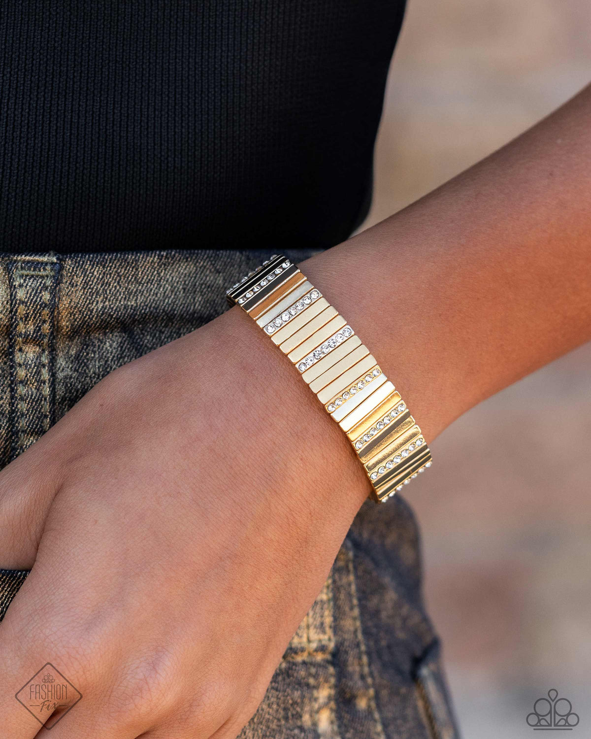 Linear Legend Gold &amp; White Rhinestone Bracelet - Paparazzi Accessories-on model - CarasShop.com - $5 Jewelry by Cara Jewels