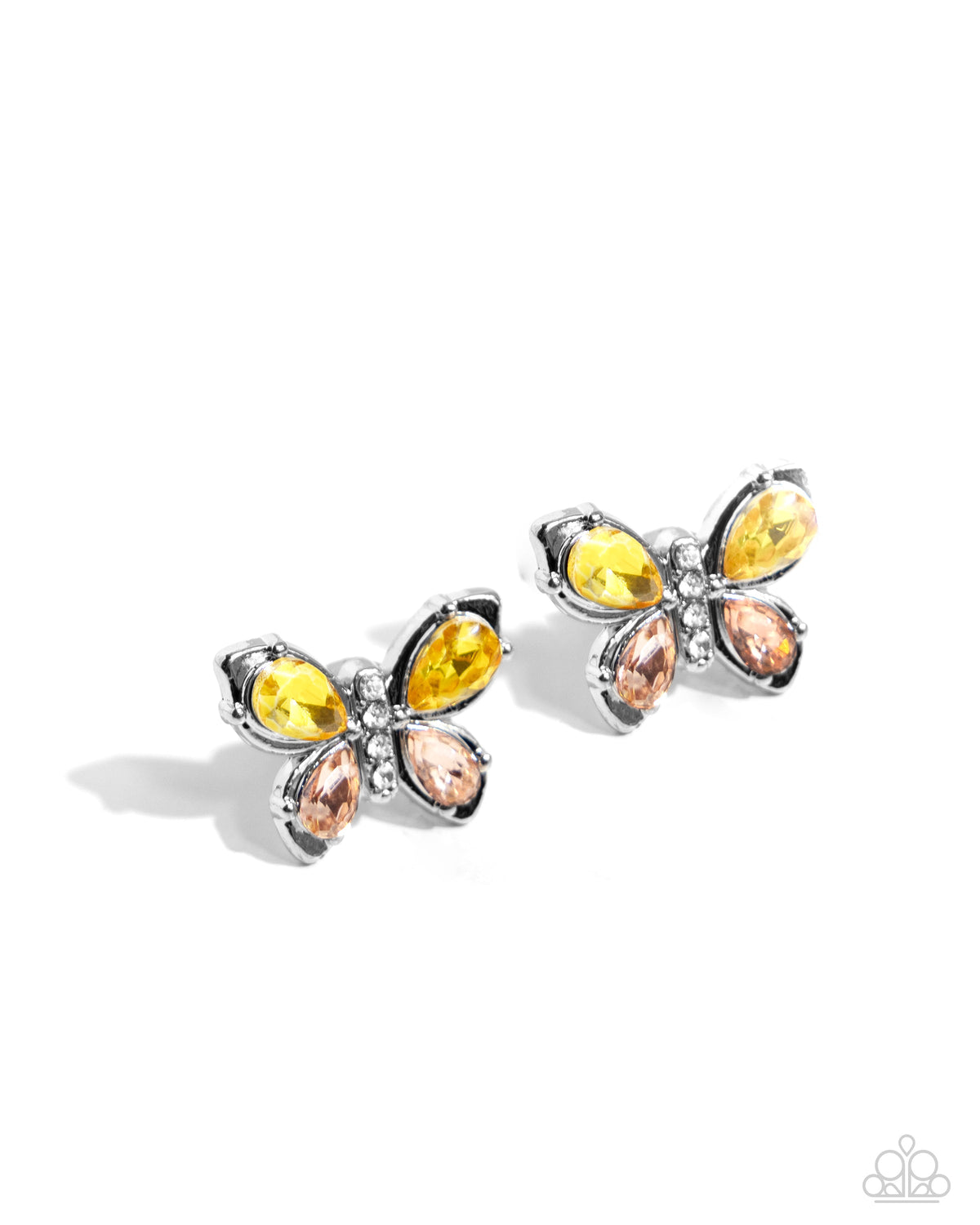 Live to FLIGHT Another Day Yellow &amp; Peach Rhinestone Butterfly Earrings - Paparazzi Accessories- lightbox - CarasShop.com - $5 Jewelry by Cara Jewels