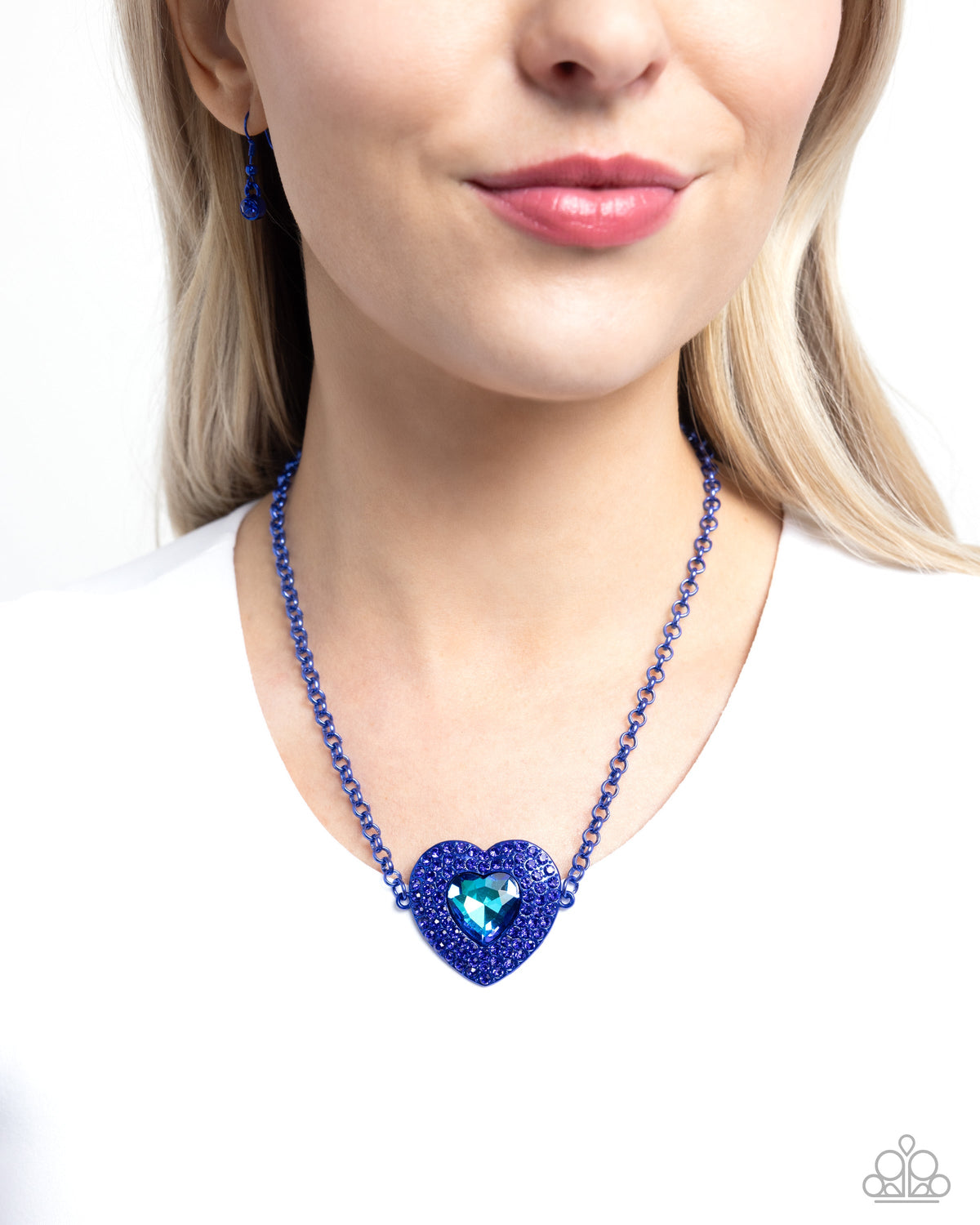 Locket Leisure Blue Rhinestone Heart Necklace - Paparazzi Accessories-on model - CarasShop.com - $5 Jewelry by Cara Jewels