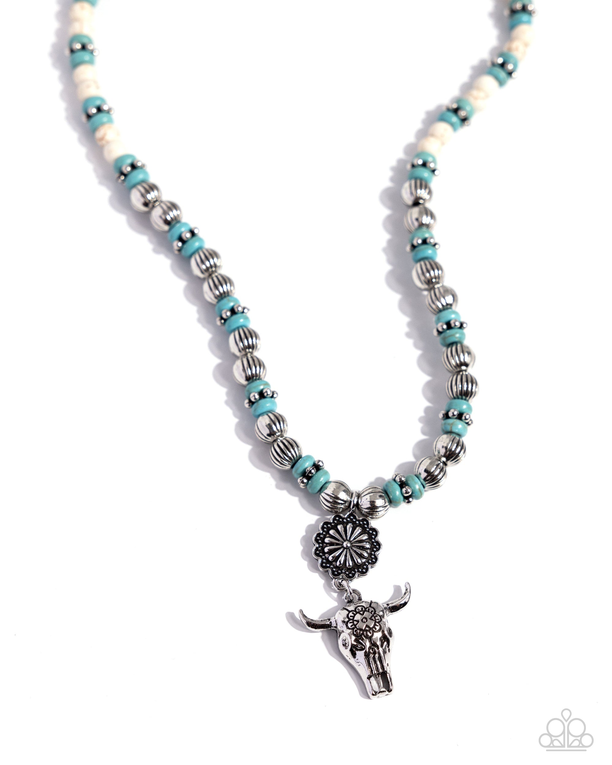 Longhorn Longevity White & Turquoise Blue Stone Necklace - Paparazzi Accessories- lightbox - CarasShop.com - $5 Jewelry by Cara Jewels
