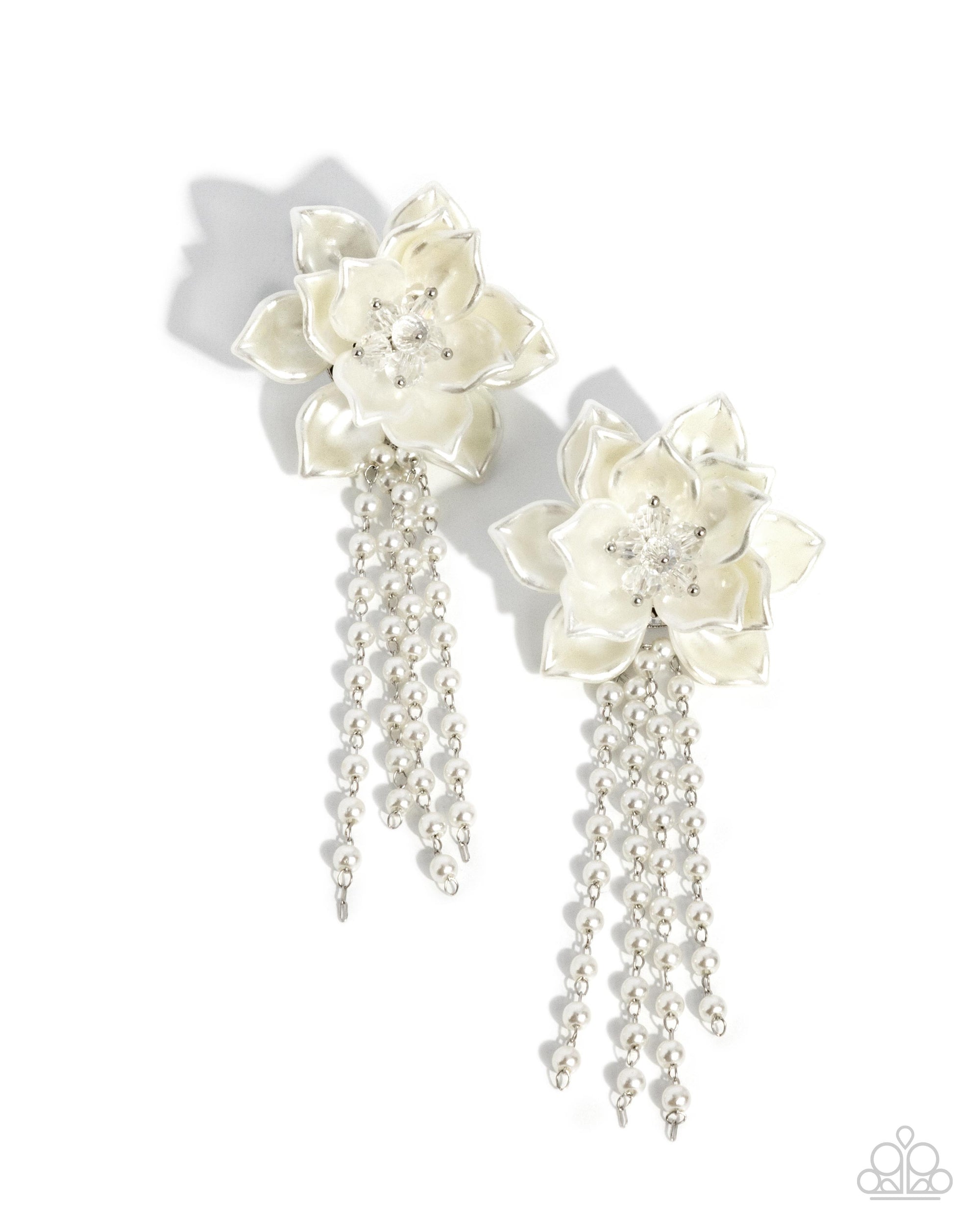 Lotus Length White Pearl Flower Earrings - Paparazzi Accessories- lightbox - CarasShop.com - $5 Jewelry by Cara Jewels