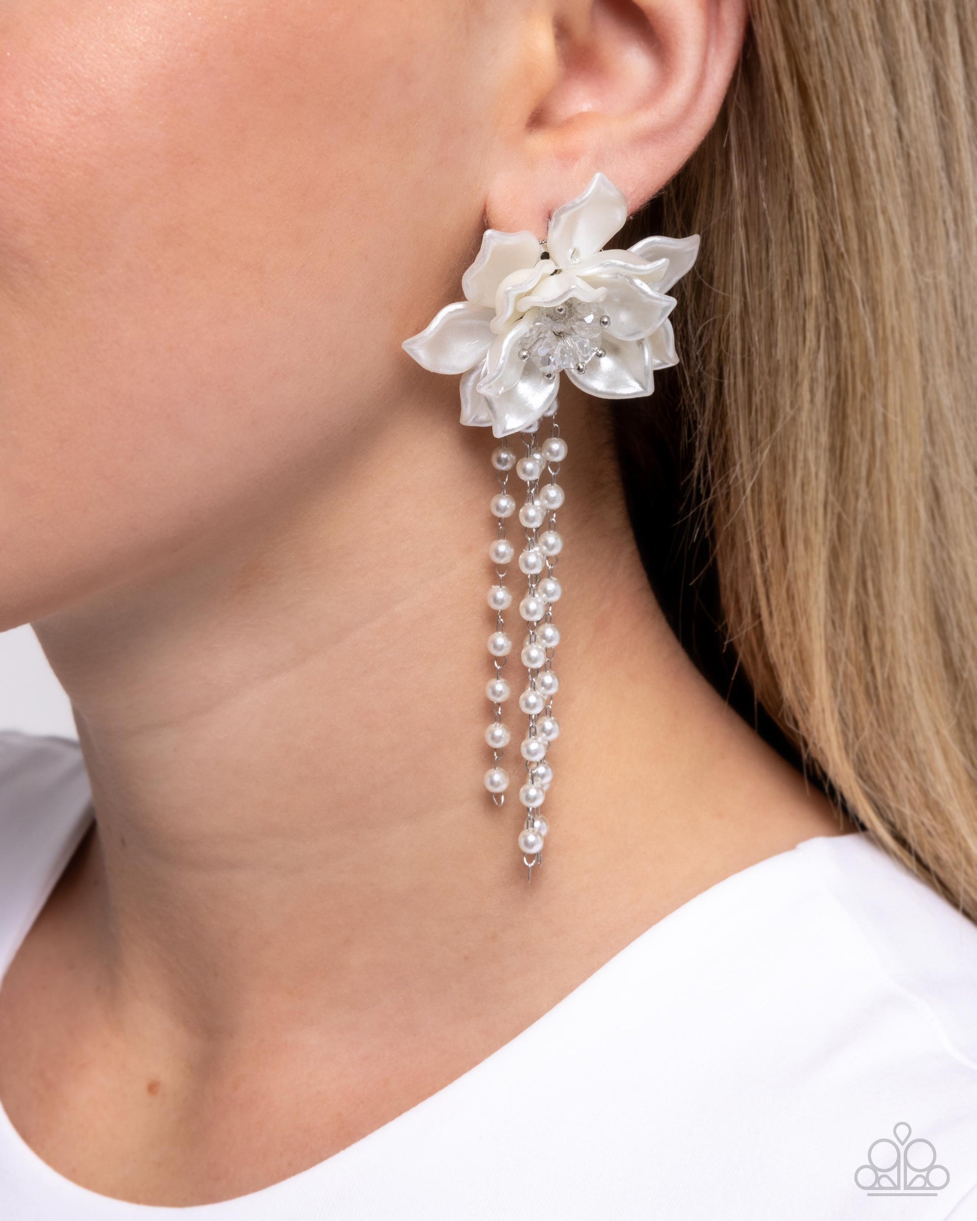 Lotus Length White Pearl Flower Earrings - Paparazzi Accessories- lightbox - CarasShop.com - $5 Jewelry by Cara Jewels