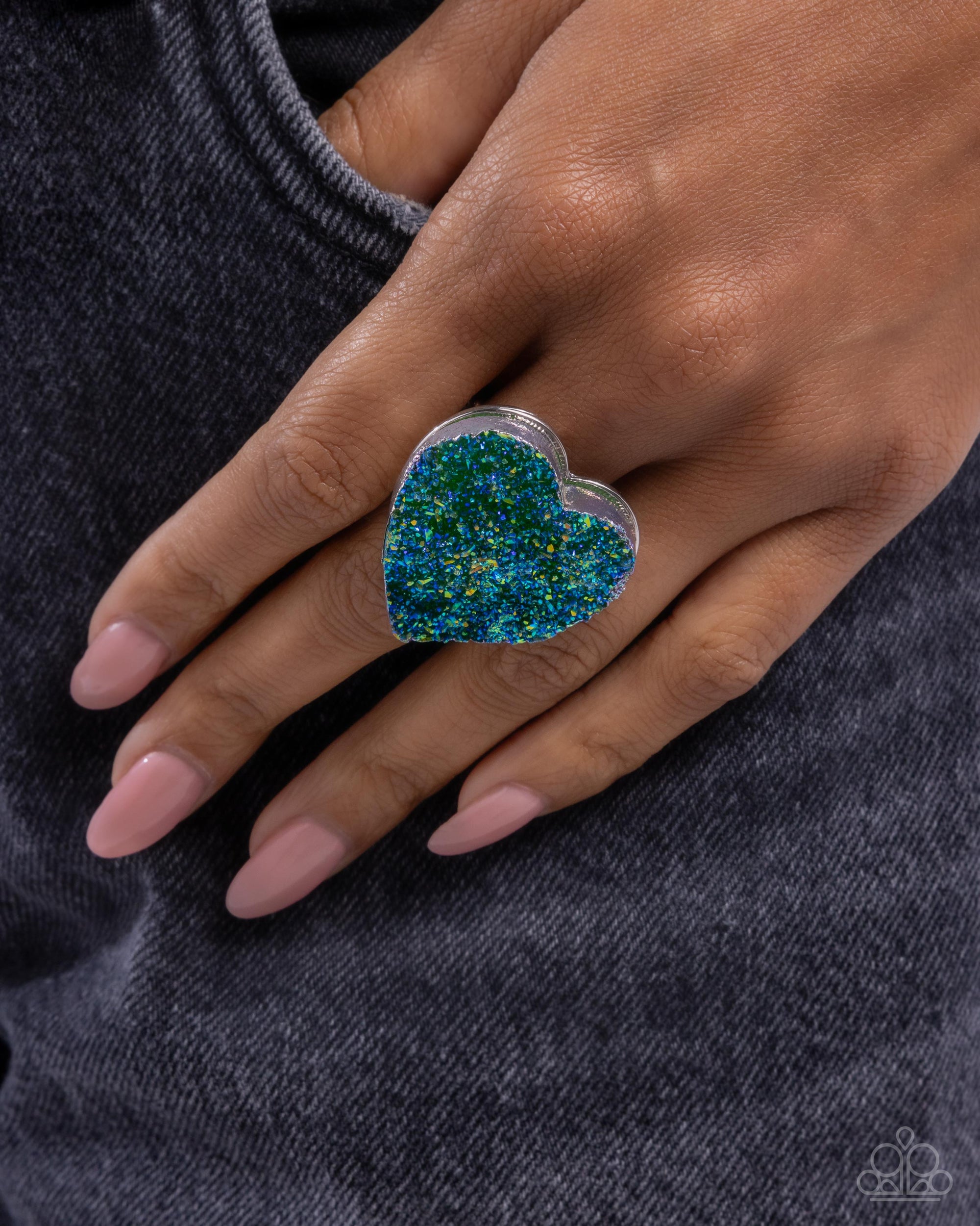 Loveable Legend Green & Blue Heart Ring - Paparazzi Accessories- lightbox - CarasShop.com - $5 Jewelry by Cara Jewels