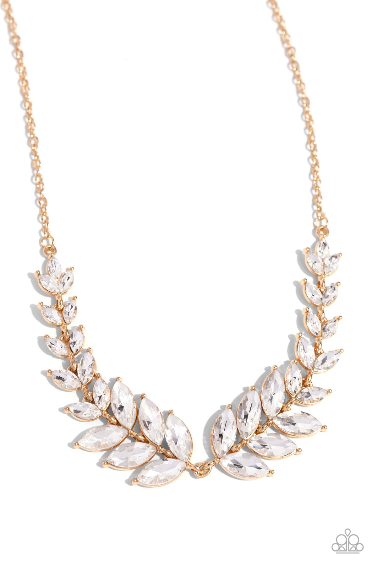 Luxury Laurels Gold &amp; White Rhinestone Necklace - Paparazzi Accessories- lightbox - CarasShop.com - $5 Jewelry by Cara Jewels